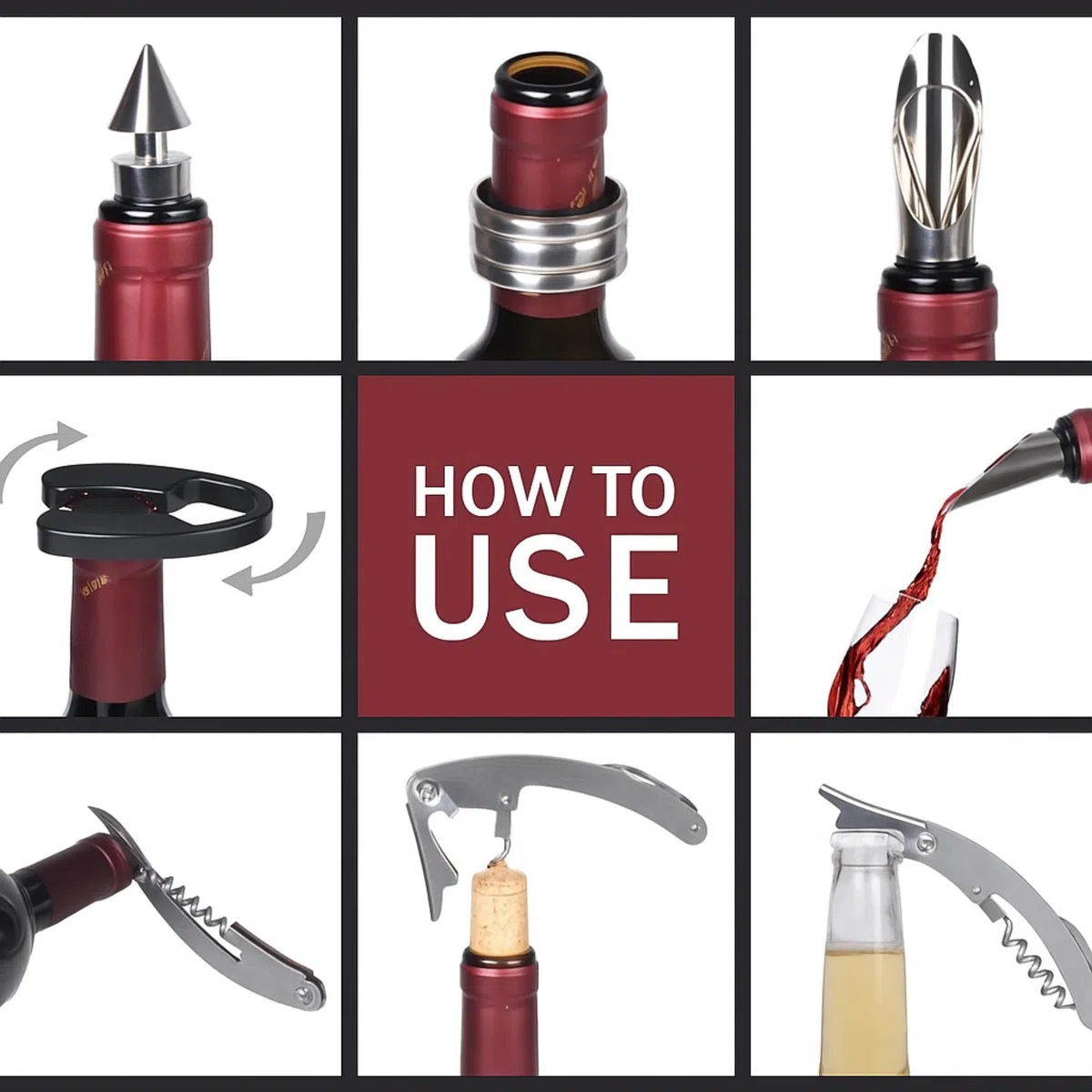 Wein Korkenzieher Zubehör Set Weinflaschenöffner Werkzeug Set mit 5 Stück Party Geschenk Set für Weinliebhaber, mit Zubehör mit Folienschneider | Korkenzieher | Ausgießer | Tropfring | Edelstahlkorken