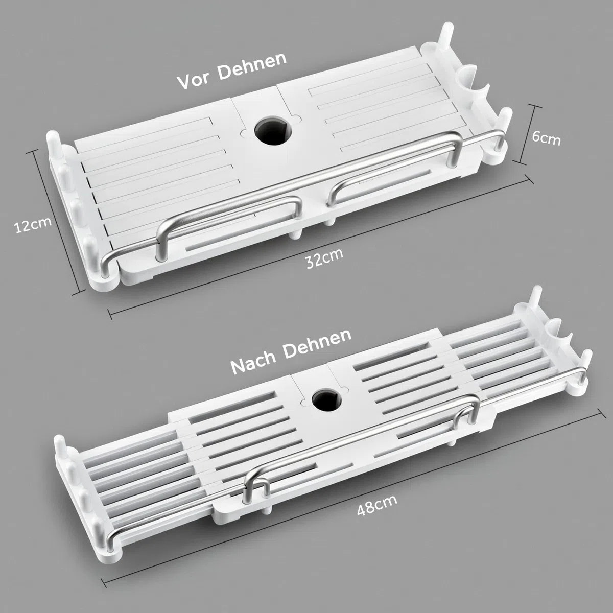 Duschablage Ohne Bohren Teleskopisch 32-48cm, Duschablage zum hängen Badezimmer Organizer, Duschregal Ohne Bohren, Duschstangen-Aufbewahrungsregal für 18 mm-25 mm Duschstange (Weiß)