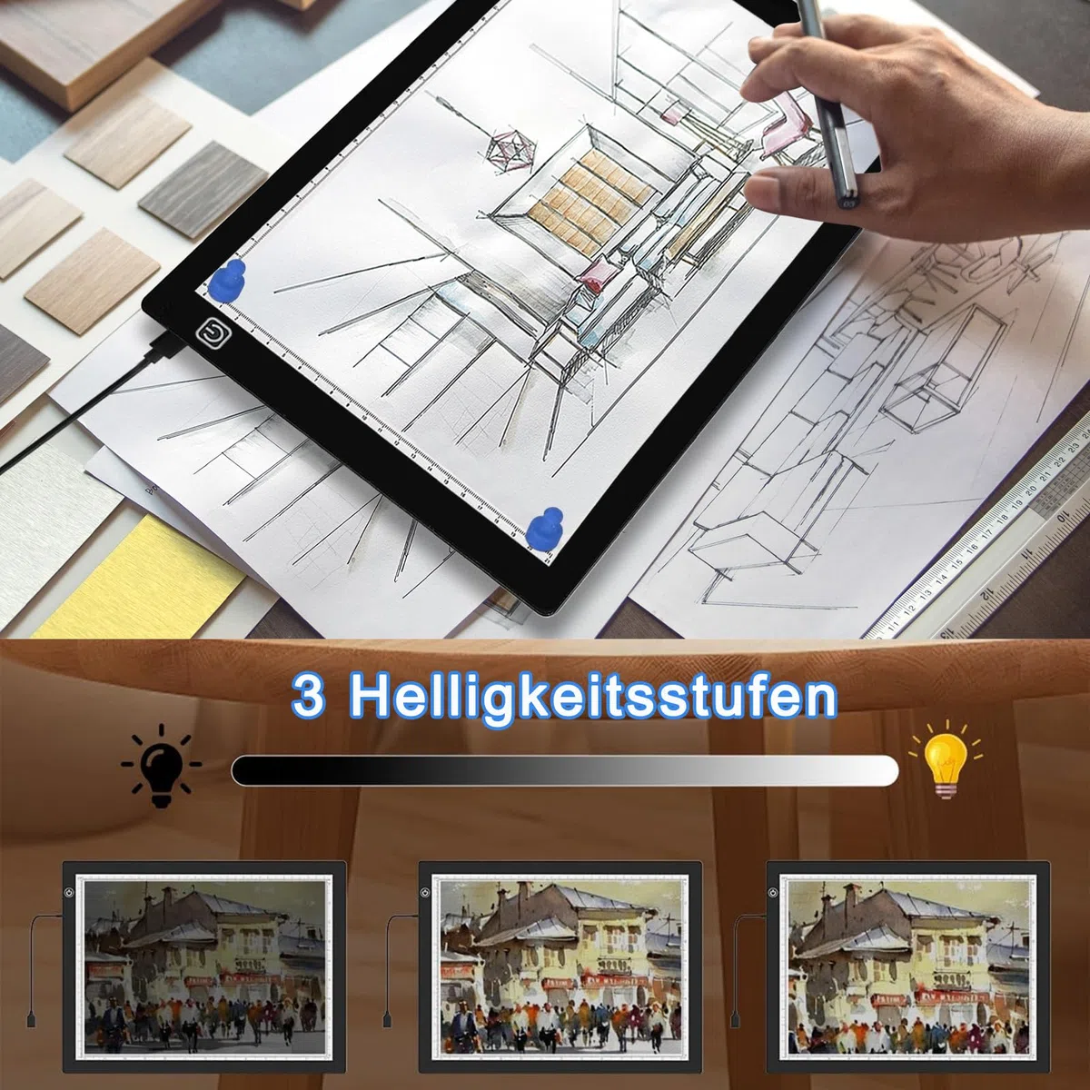 UUCOLOR LED Licht Pad A4, Leuchttisch A4 Leuchtplatte Zeichnen einstellbare Helligkeit, mit USB Kabel, Ideal für Diamond Painting, Skizzierung, Zeichnung, Animation, Tattoo, Malen
