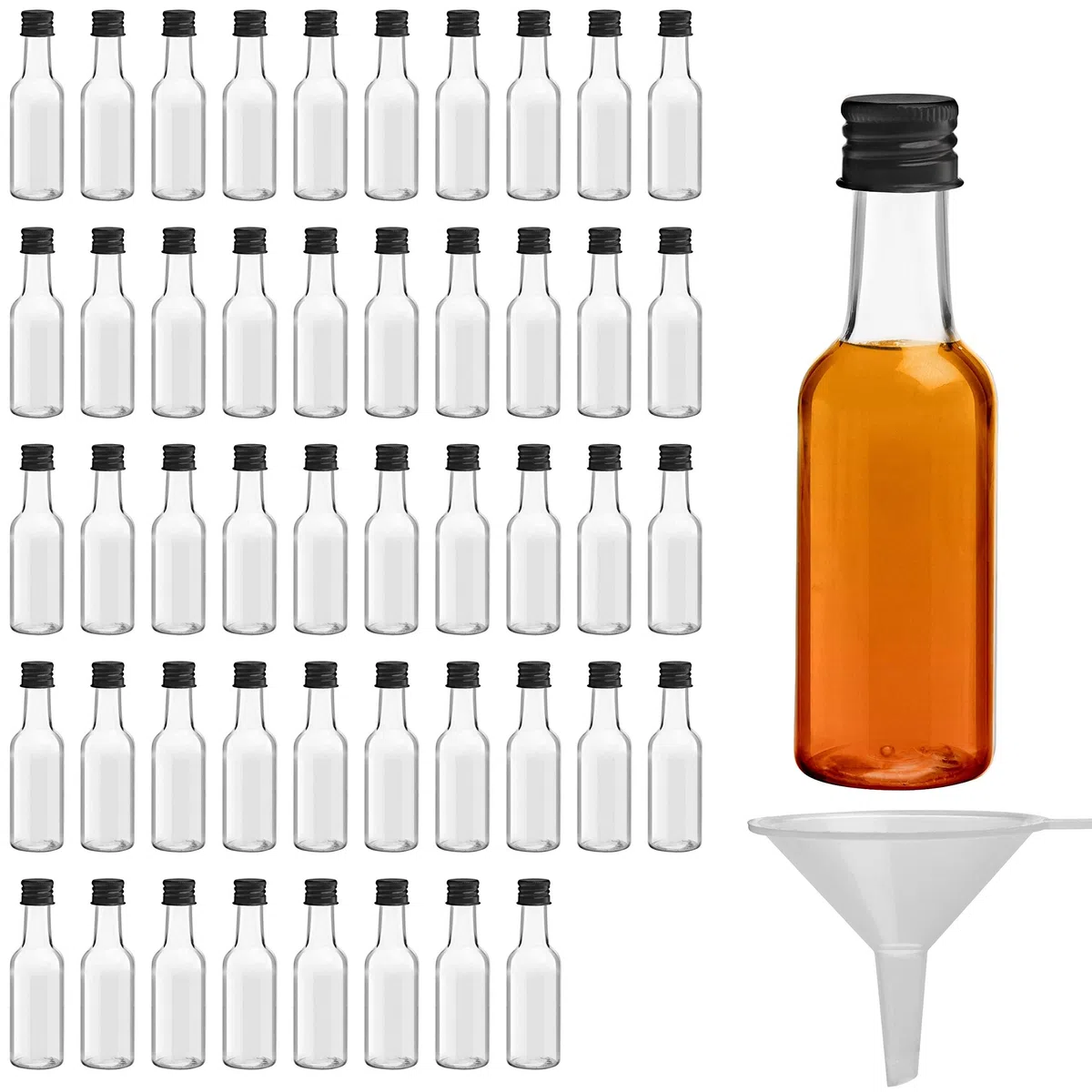 BELLE VOUS Mini Fläschchen Kunststoff Likörflaschen 48 Stk - 50ml Plastik Wiederverwendbar, leere kleine Schnapsflaschen mit Schwarzem Deckel u. Trichter für Hochzeiten,Party, Kunst, Events