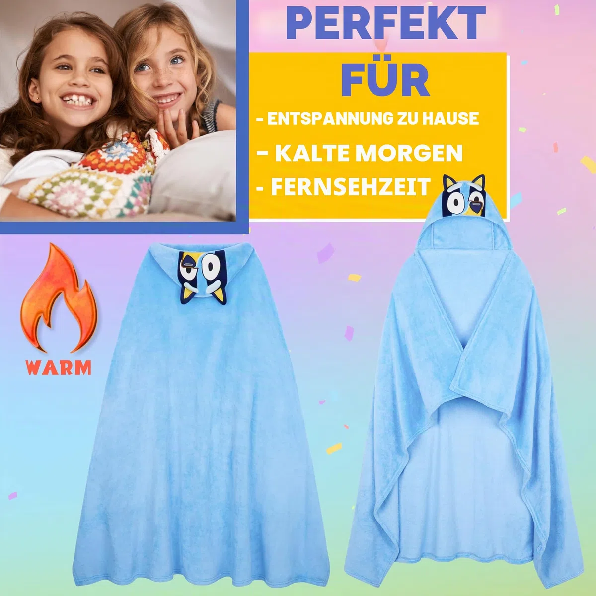 BlueY Kuscheldecke zum Anziehen mit Kapuze, Flauschig & Weich, Fleece Poncho Kinder Hoodie Decke Geschenke für Mädchen & Jungs, 4-10 Jahre, Lizenziert