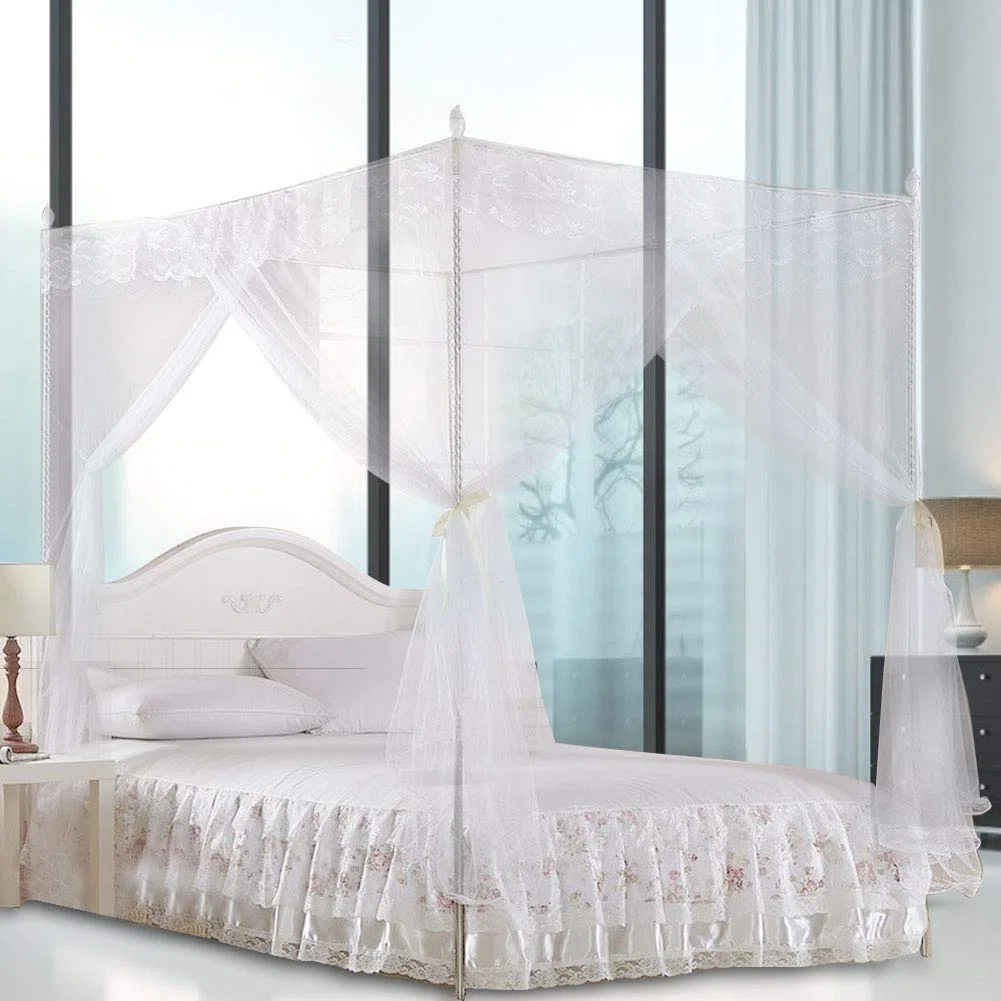 KIMISS Bettvorhang Betthimmel Weiß Polyester Luxus Prinzessin DREI Seitenöffnungen Bettvorhang Baldachin Netting Moskitonetz Bettwäsche (L) (150 * 200 * 200)