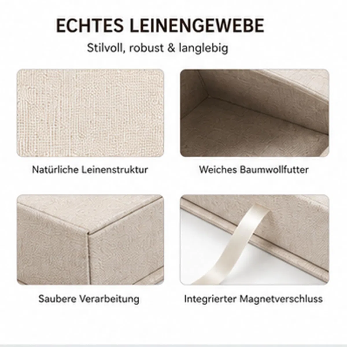 Foto Aufbewahrungsbox 10x15 cm, Leinen Creme, Magnetverschluss | Leinen-Fotobox für 150 Fotos 10x15 cm. Magnetverschluss, stapelbar. Auch für Urkunden & Schmuck. 17,5x12x4 cm.