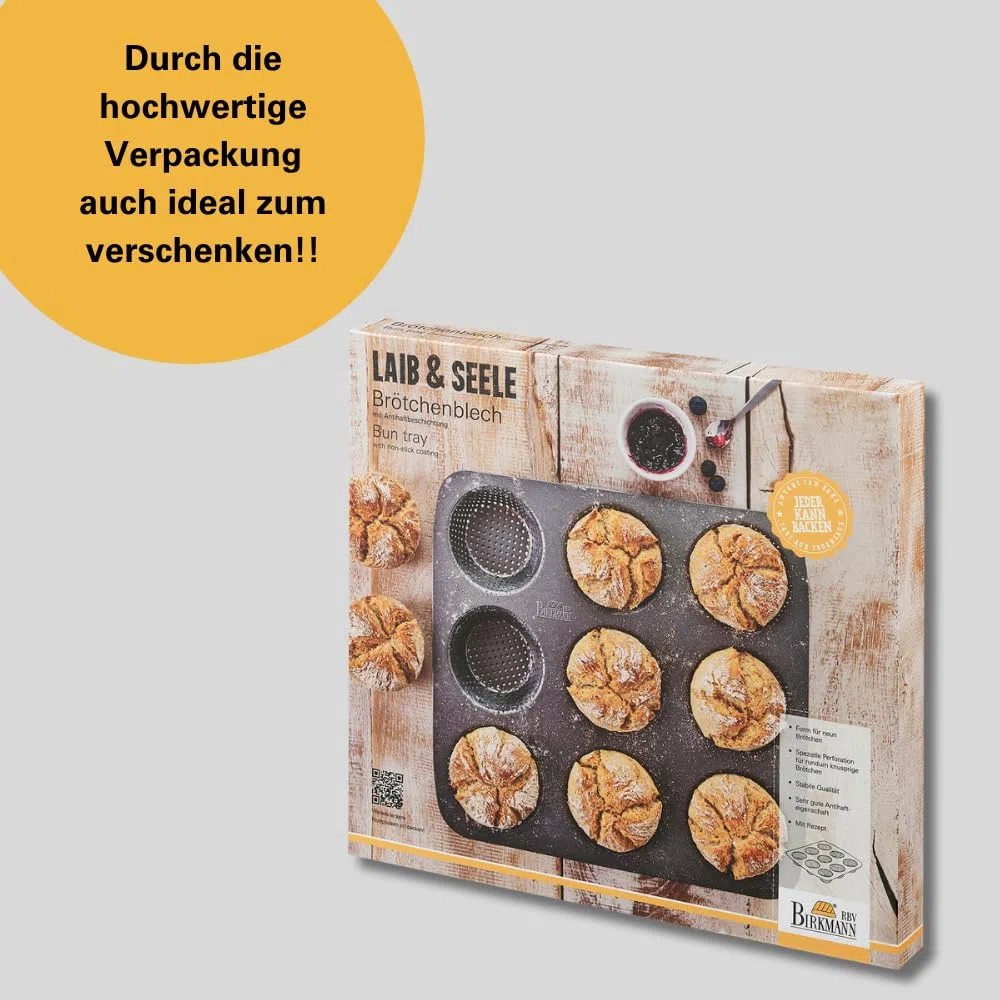 Birkmann Brötchenblech Laib & Seele, perforierte Brotbackform für 9 Brötchen, Burger Buns, Semmeln & Hot Dog Brötchen, Karbonstahl Antihaft Lochblech mit Mulden, Grau | 32x30x3cm, Ø9cm