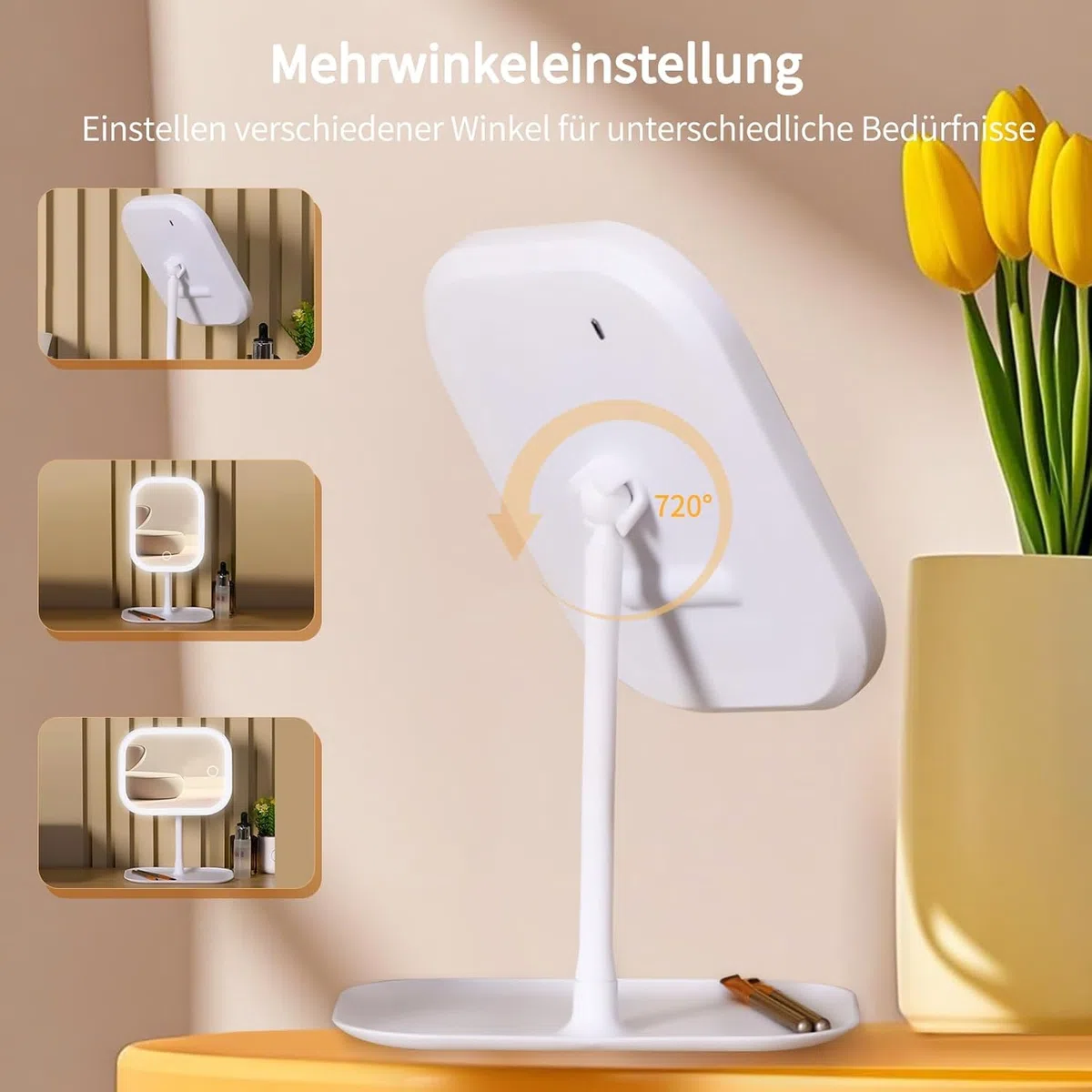 Schminkspiegel mit Beleuchtung, Dimmbare Helligkeit Vanity Spiegel, Wiederaufladbare Touch Tischspiegel für Schlafzimmer Schminktisch Zuhause Reise