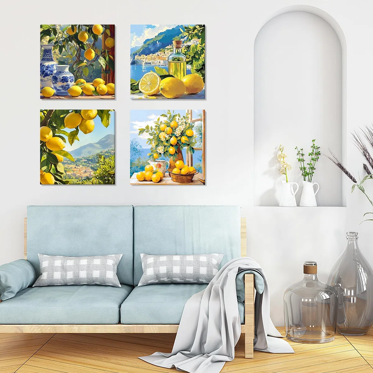 NAIMOER 4 Stück Lemon Malen Nach Zahlen mit Rahmen Erwachsene, Landschaft Malen Nach Zahlen auf Leinwand für Kinder, Digitale Gemälde für Home Decor Geschenke 20x20cm