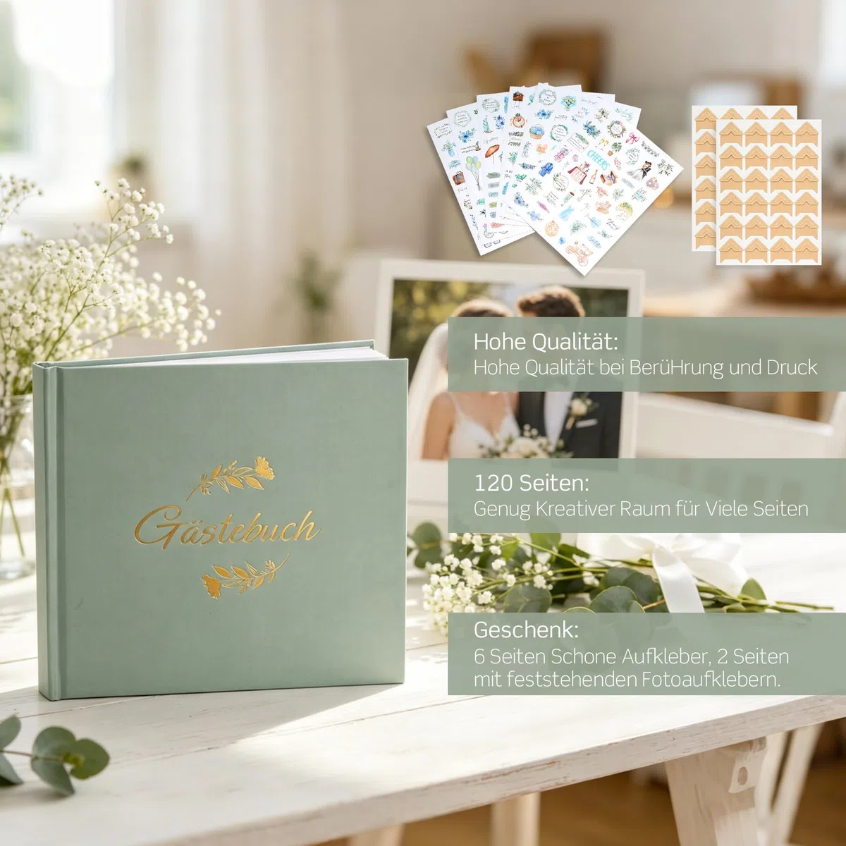 Gästebuch Hochzeit mit 2 Seiten Feststehenden Fotoaufklebern,Hochwertiges Hochzeitsbuch,Hardcover mit Goldprägung,Größe 21x23cm,Hochwertiges Gästebuch,120 Seiten Blanko,6 Seiten Hochzeitssticker,Grün