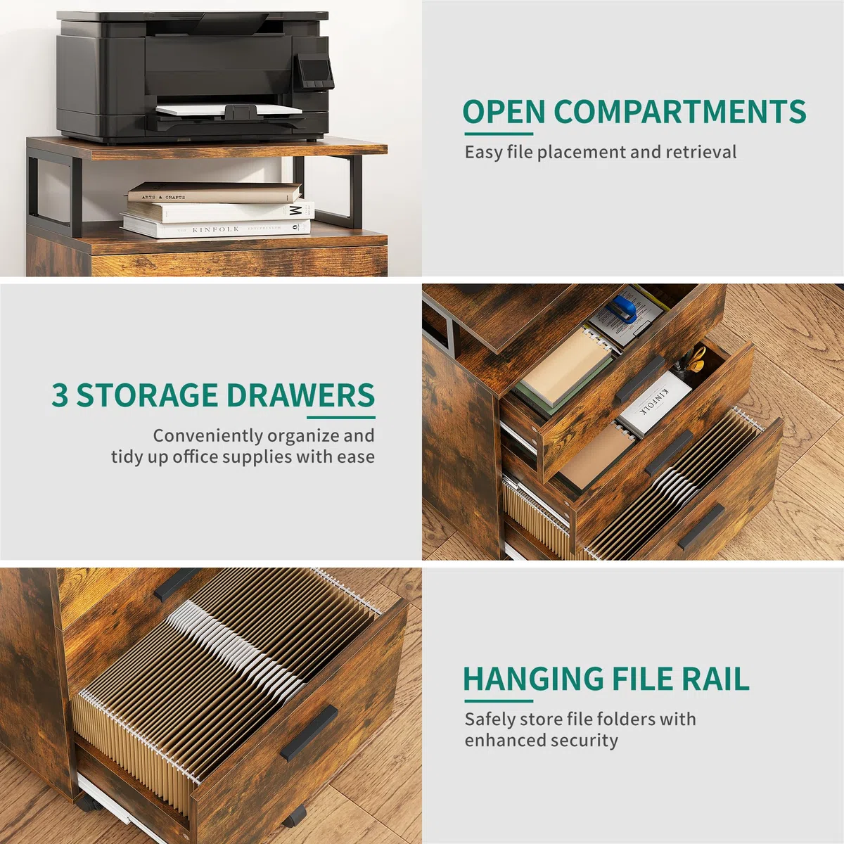 YITAHOME Mobiler Aktenschrank mit Rädern, Rollcontainer mit Schubladen, Bürocontainer Schubladenschrank Rollschrank Rollwagen, Schubladenkommode für Zuhause Büro, 45.7 * 36 * 76.2CM (Vintagebraun)