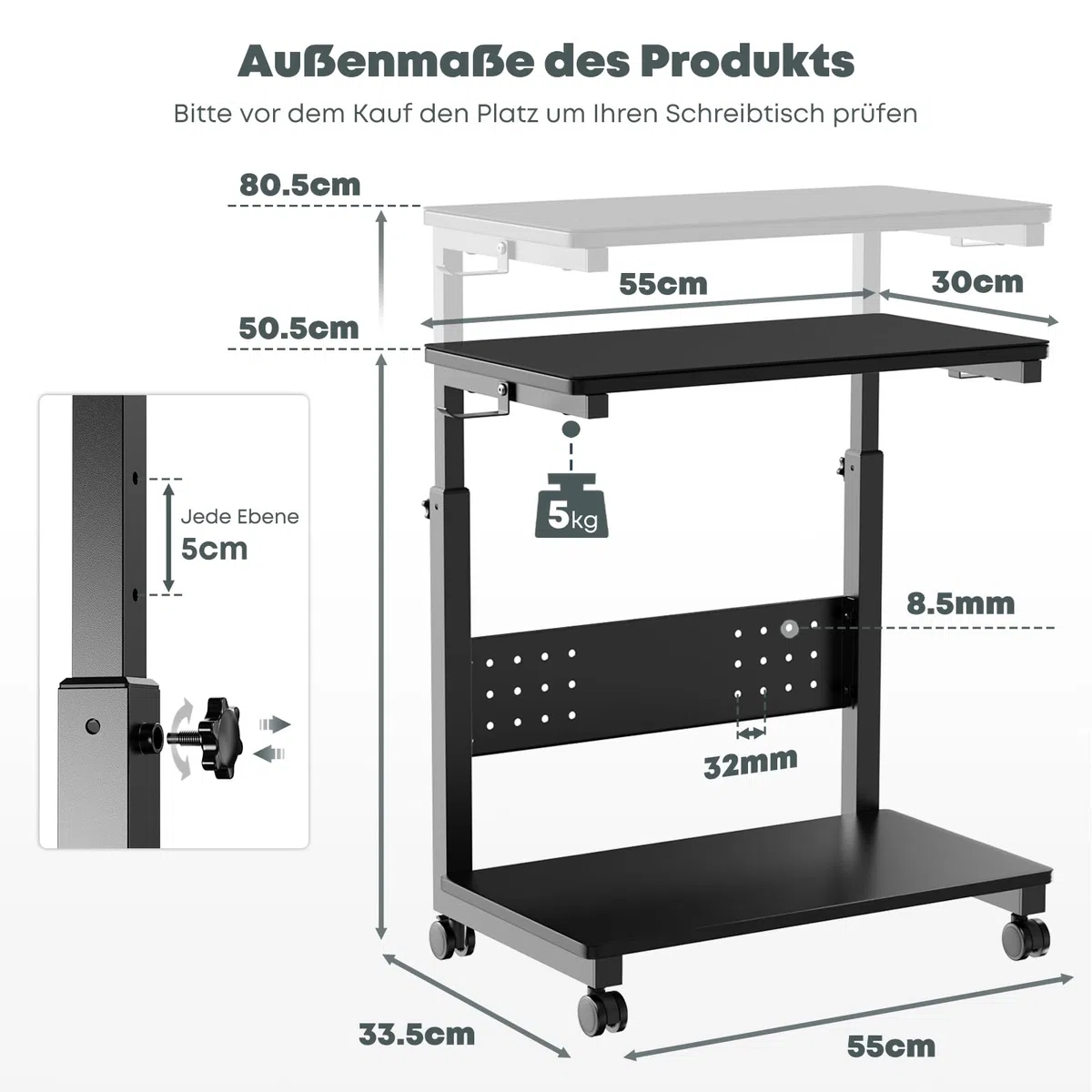 Computer Tower Ständer mit Rollen - Höhenverstellbar von 50.5 cm bis 80.5 cm, 2 stöckiger PC Ständer mit Rollen und Maus Pad, Max. Belastung pro Ebene 40 kg für Gaming, Büro, Zuhause, Schwarz