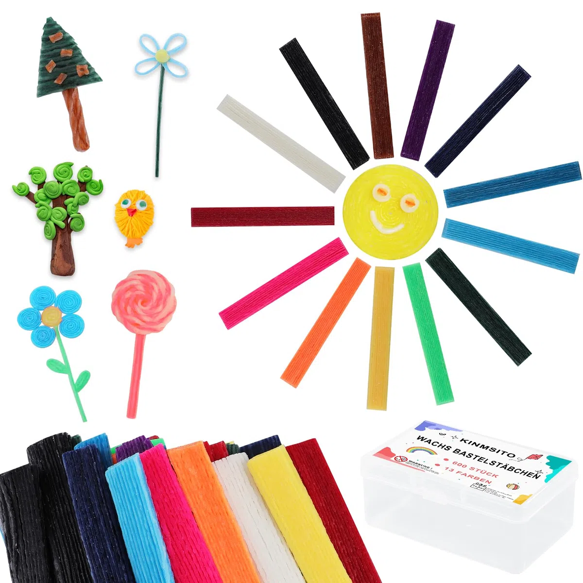 Kinmsito 600 Stück Wachsstäbchen für Kinder, 13 Colors Wachs Bastelstäbchen für Kinder,Wax Craft Sticks mit Aufbewahrungsbox, Klebrige Wachs Garnstäbchen für Handwerk DIY-Kunstzubehör