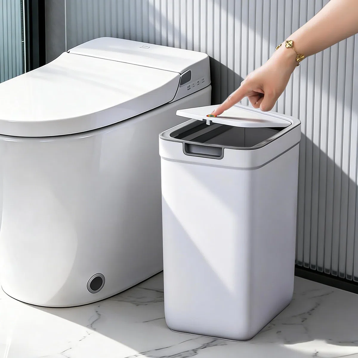 MOPUP Kleiner Badezimmer-Mülleimer mit Deckel, 9 l/2,4 Gallonen, schmaler Mülleimer, Papierkorb aus Kunststoff mit aufklappbarem Deckel, hundesicher für Badezimmer, Küche, Schlafzimmer, Wohnzimmer