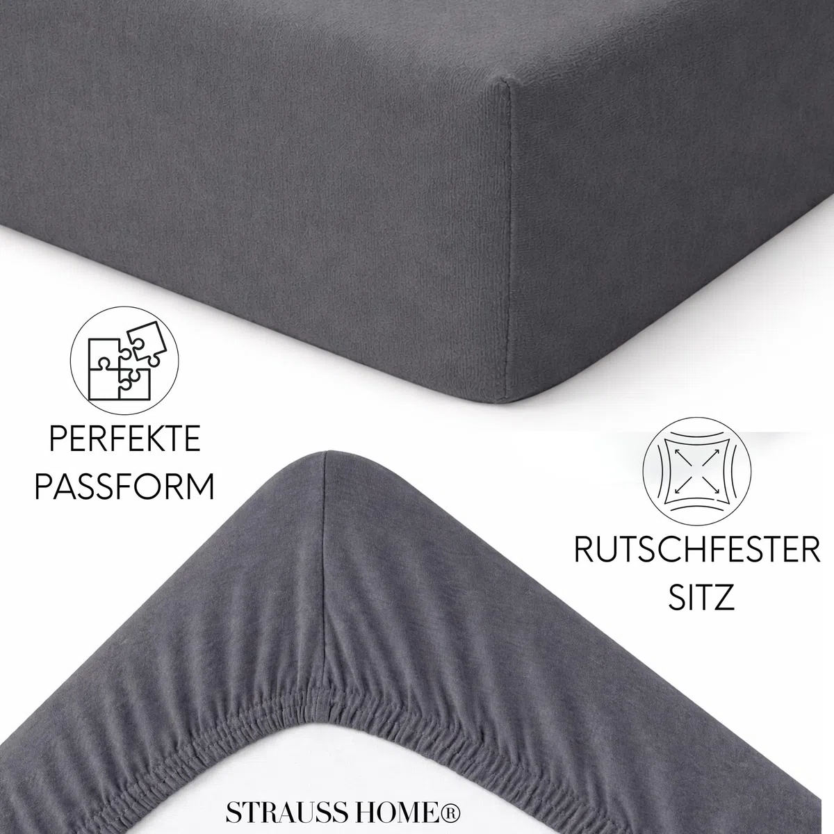 Strauss Home Premium Spannbettlaken Jersey 140x220-160x220 cm - 160 g/m² 100% gekämmte Baumwolle, 40 cm Steg, Oeko-TEX - für Boxspringbett & Wasserbett - Anthrazit