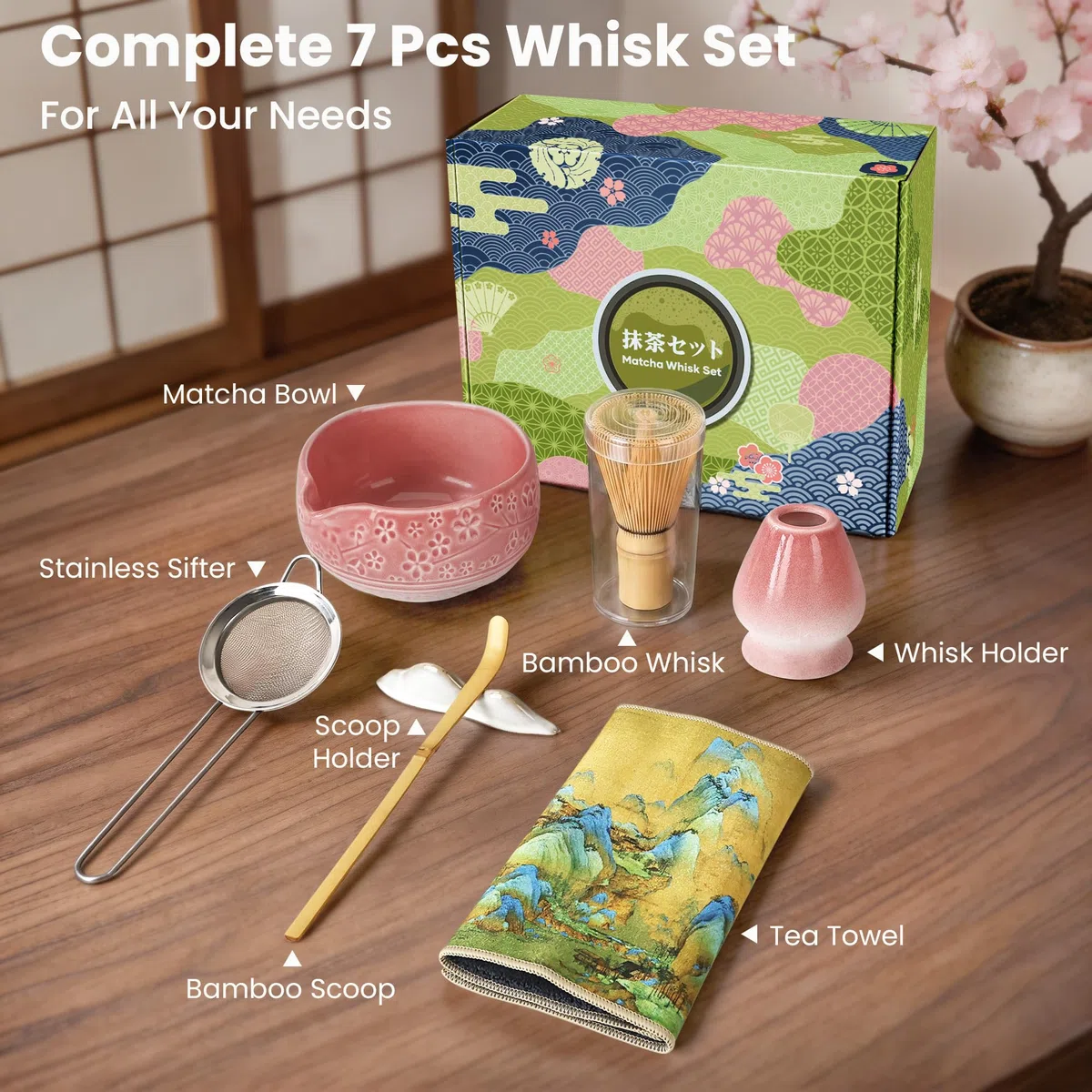 Matcha Set Rosa, 7 Teiliges Matcha Besen Set, Bambusbesen und Besenhalter, Keramik Matcha Schale, Sieb, Löffel und Halter zubehör, Japanisches Teezeremonie Set für Starter - Farbverlauf Pink