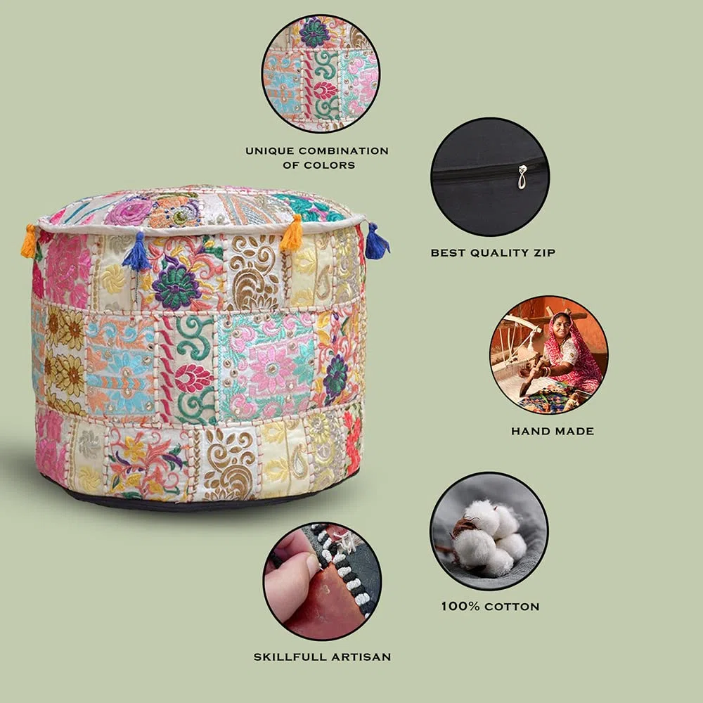Indischer Pouf Fußhocker, ethnisch, bestickt, Baumwolle, rund, Beige, 56 x 36 cm