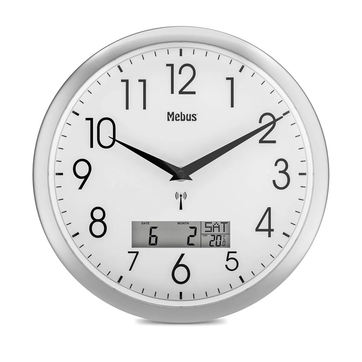 Mebus Analoge Funk-Wanduhr 29cm groß | Leicht lesbar & lautlos | Runde Funkuhr ohne tickgeräusche & großem Ziffernblatt für Küche, Wohnzimmer, Büro, Kinderzimmer | Uhr geräuschlos in Silber