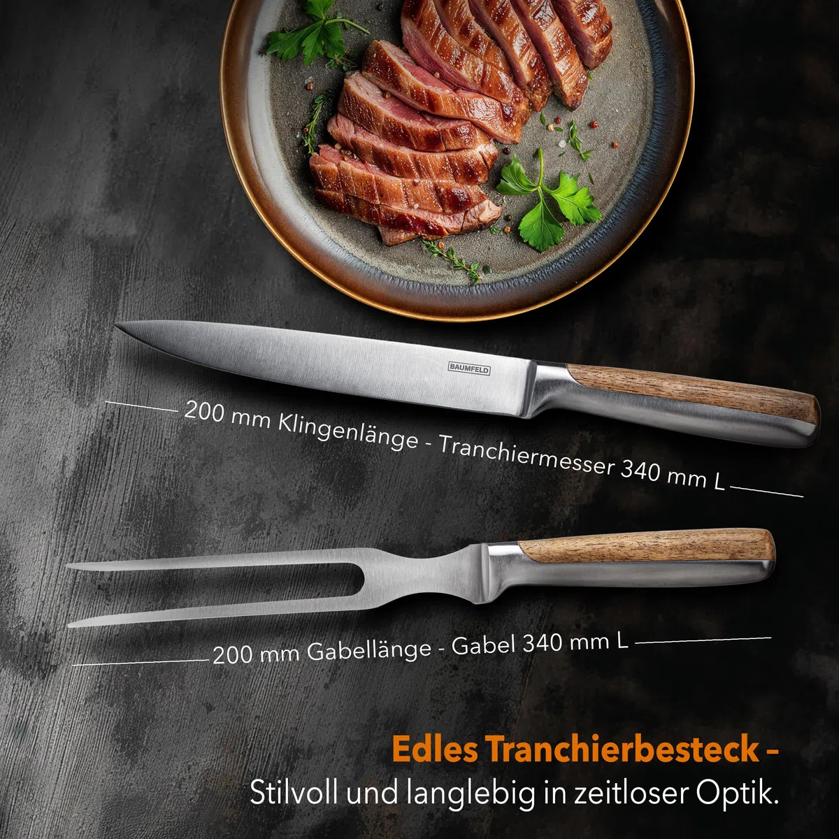 Grill- & Tranchierset 2-teilig – Fleischmesser mit Fleischgabel | BBQ Besteck für Steak & Braten (Silber)