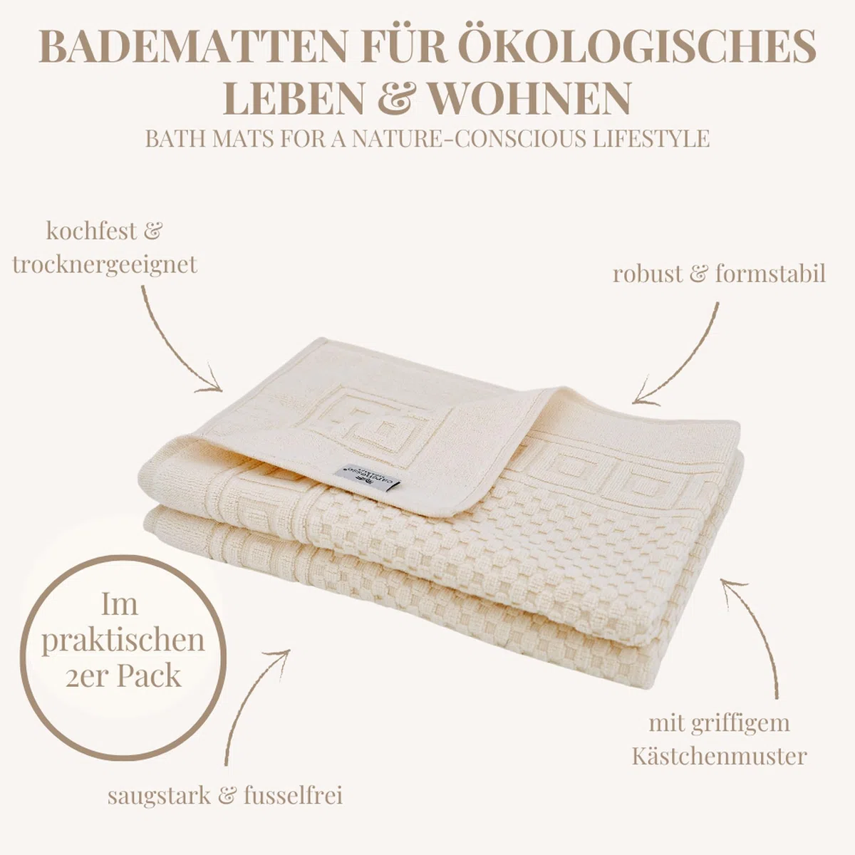 Carenesse Badvorleger 2er Set 50 x 70 cm Natur I 100% ungebleichte & ungefärbte natürliche Baumwolle Öko-Tex 100 I Saugstarke Badematte I Badematten Set mit Waffelmuster I Duschvorleger