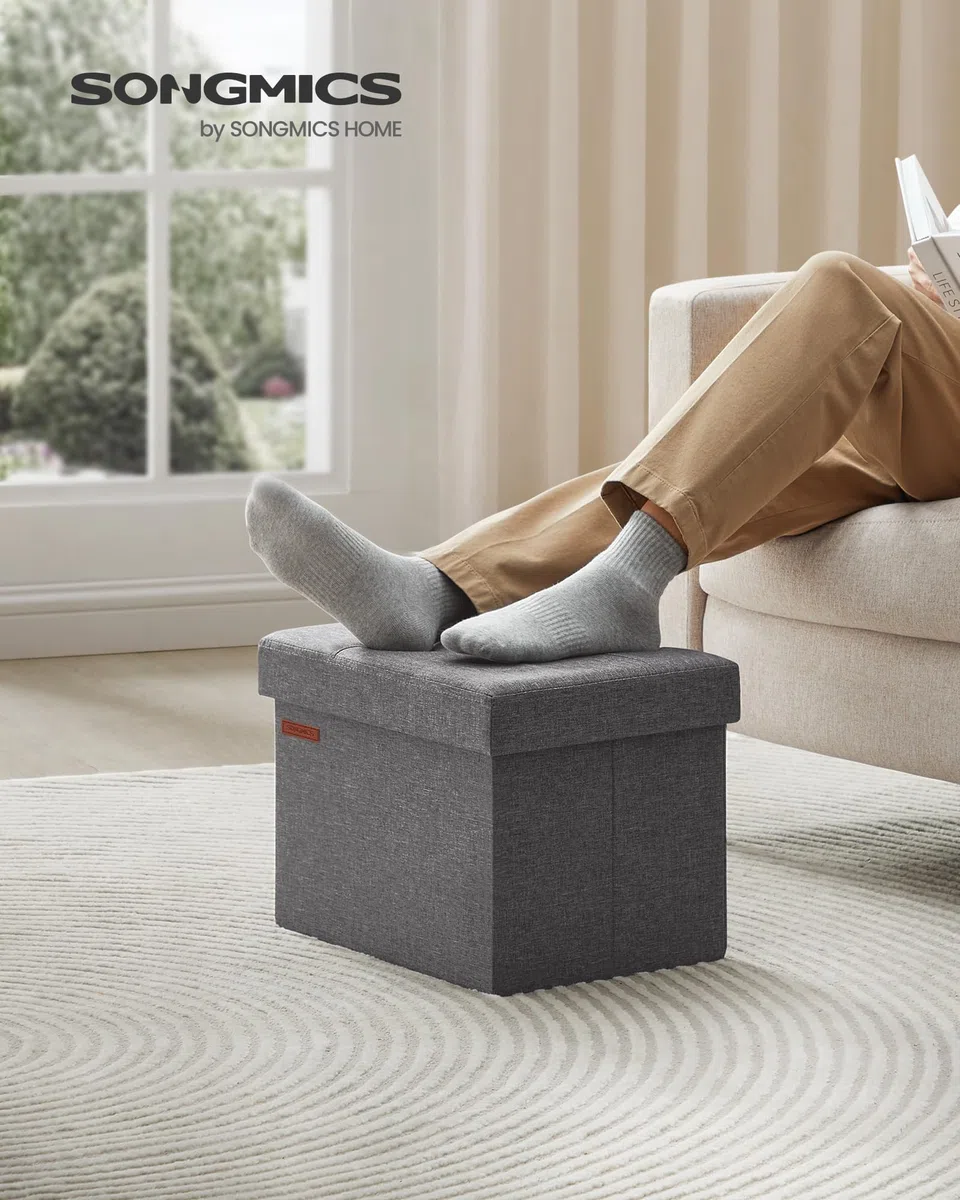 SONGMICS Sitzhocker mit Stauraum, kleine klappbare Sitzbank, 31 x 41 cm Fußbank, Aufbewahrungsbox, bis 130 kg belastbar, für Wohnzimmer Schlafzimmer Schlafsaal, dunkelgrau LSF102G01
