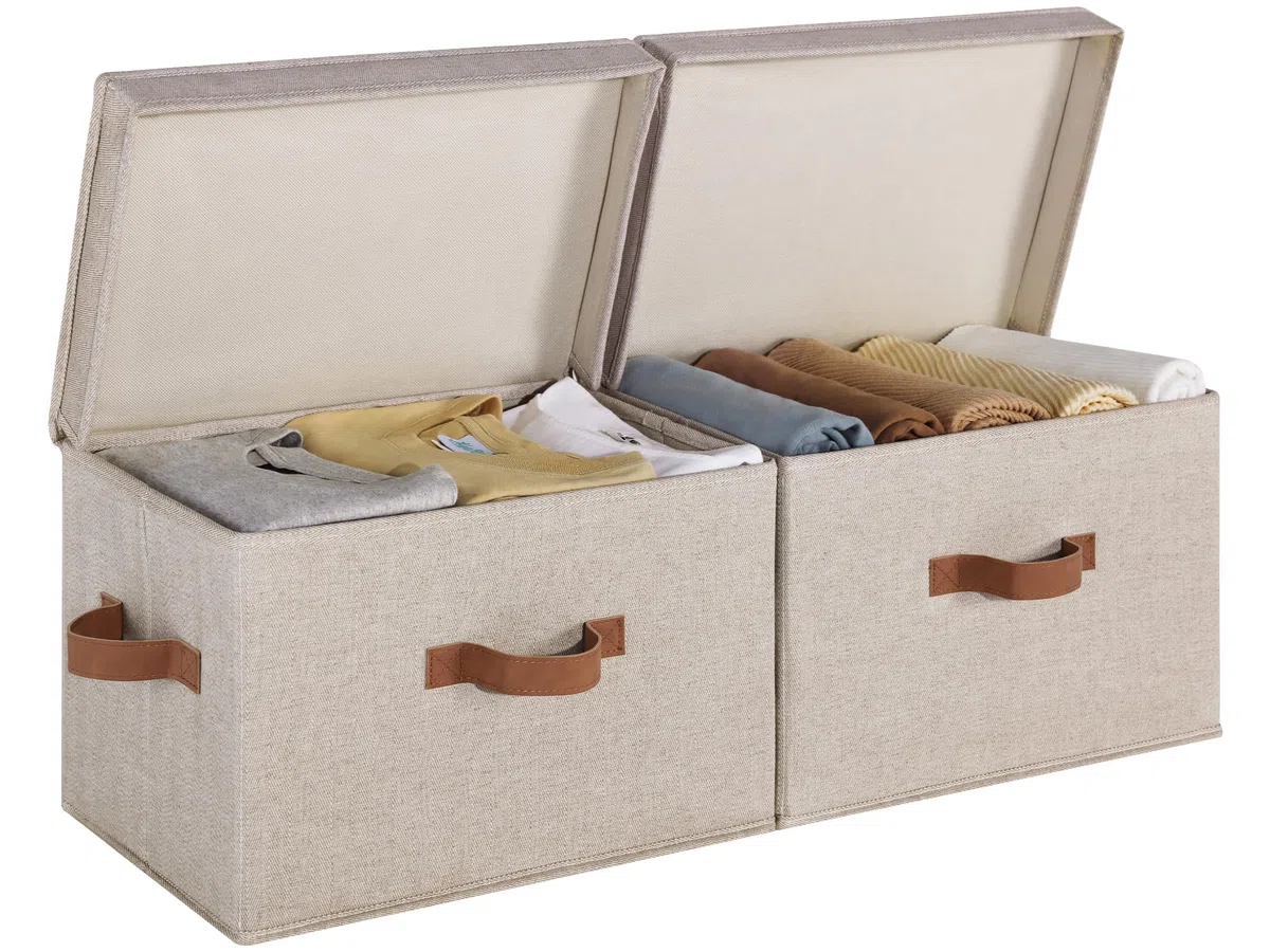 StorageWorks Aufbewahrungsboxen mit Deckel, Stoff Aufbewahrungskorb mit Deckel Groß, Organizer Box mit Griffen, Robuste Ordnungsboxen mit Deckel für Kleiderschrank, Braun und Beige, 2 Stück
