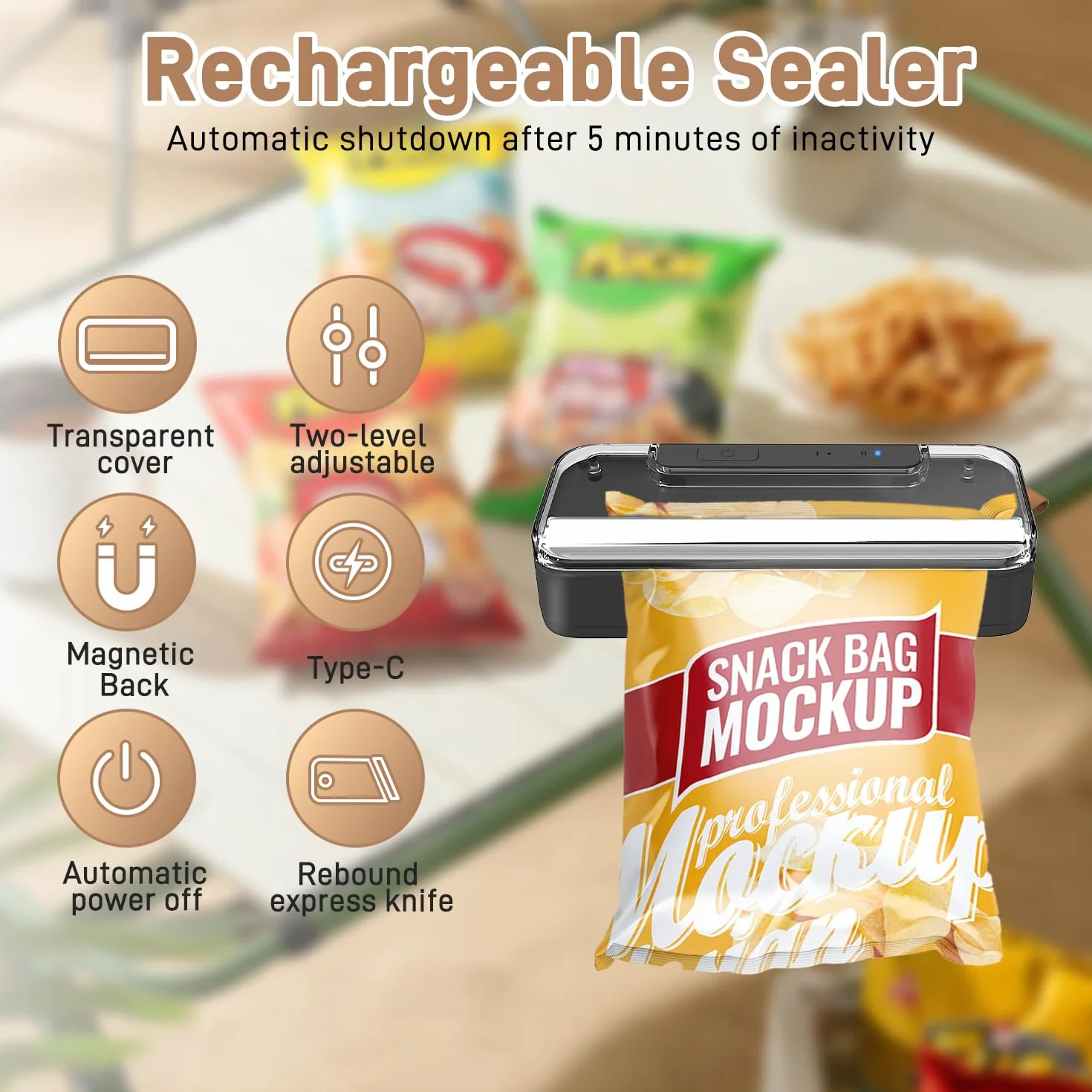 Mini Folienschweißgerät, Bag Sealer 2-in-1 mit Cutter, Magnetfuß & 2-Stufen Siegelung - Wiederaufladbar (Sicher mit Auto-Off) - Für Plastiktüten, Beutel & Snacks - Schwarz
