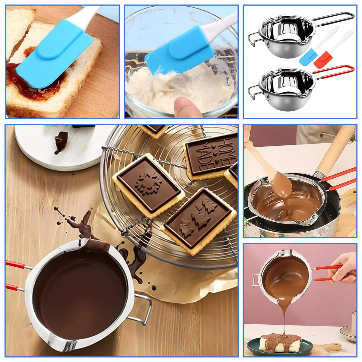 2 Stück Wasserbad-Schmelzschale,Schmelztopf 304 Edelstahl mit 2 Spatel und Hitzebeständigem Griff für Schokolade Zucker Butter Käse Karamell Kerzen (400ml)