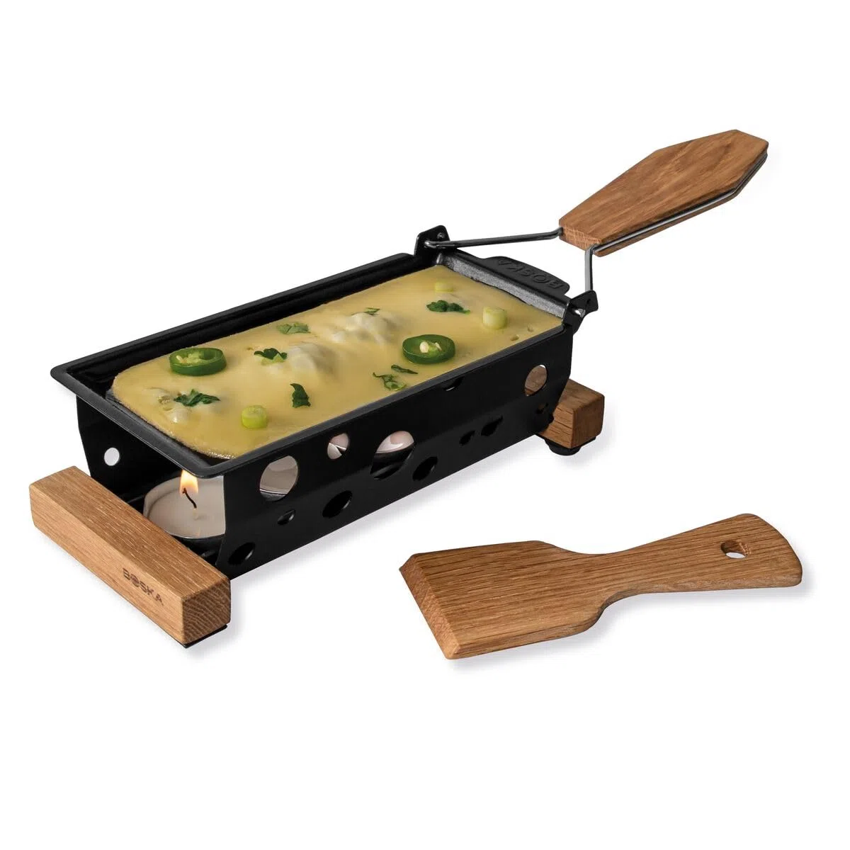 Boska Raclette 2 Personen Oslo - Mini raclette für Zwei Teelichter - Charakteristisch Holz mit Spachtel [Verleih Leckereien mit Geschmolzenem Käse oder Gegrilltem Gemüse] [Antihaftbeschichtung]