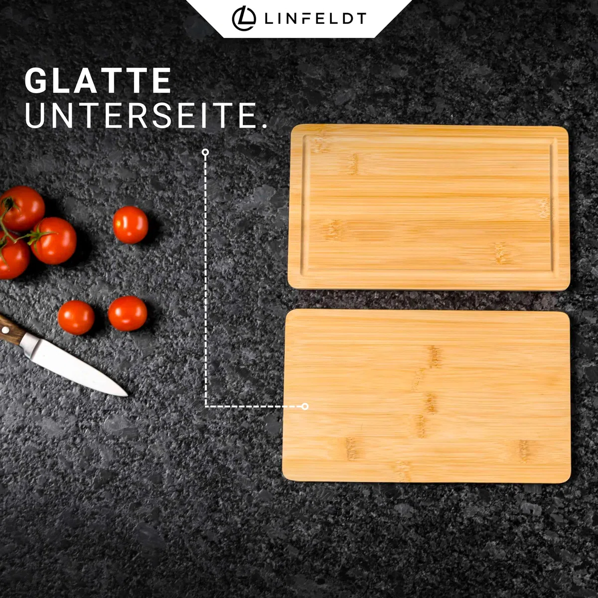 LINFELDT 6er Set Bambus Frühstücksbrettchen Holz 27x16x1cm - Inkl. Saftrille - 6 Holzbretter + eine glatte Seite - Kleine Holzbrettchen - 6 Essbretter aus Bambus