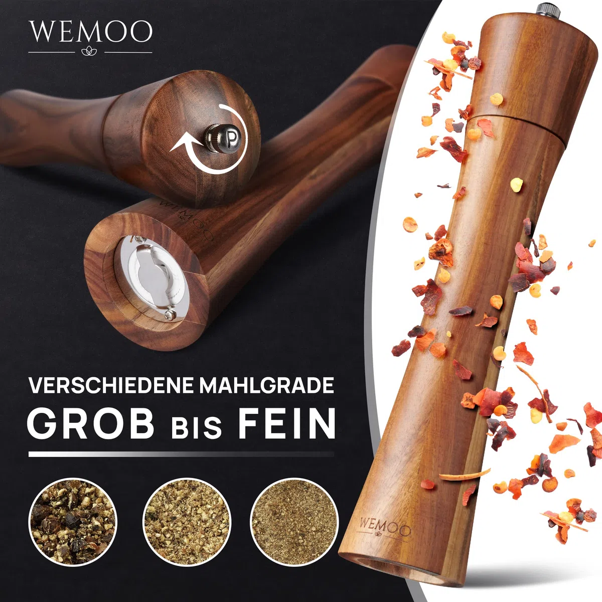 Salz und Pfeffermühle aus Holz sehr Gross (25,5 cm) | Gewürzmühlen mit robustem Keramikmahlwerk | Extra Befüllungslöffel und Reinigungspinsel | Set mit Pfeffer und Salzmühle