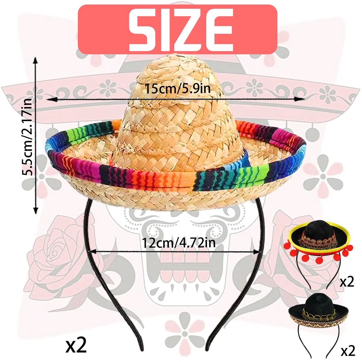Set von 6 Cinco de Mayo Stroh Sombrero Stirnband Stoff Partyhüte mit Ball Fransen Dekoration für Fiesta Hut Partyzubehör, Perfekt für Fiesta, Dia de Muertos & Mexiko-Themenpartys
