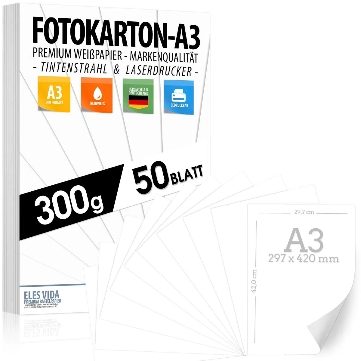 A3 Bastelkarton 300g/m² – 50 Blatt Fotokarton - PREMIUM PAPIER Reinweiß - Weißes Druckerpapier Weiss unbedruckt für Fotografie, Präsentationen, Basteln, FOTOKARTON, Karton - MADE IN GERMANY