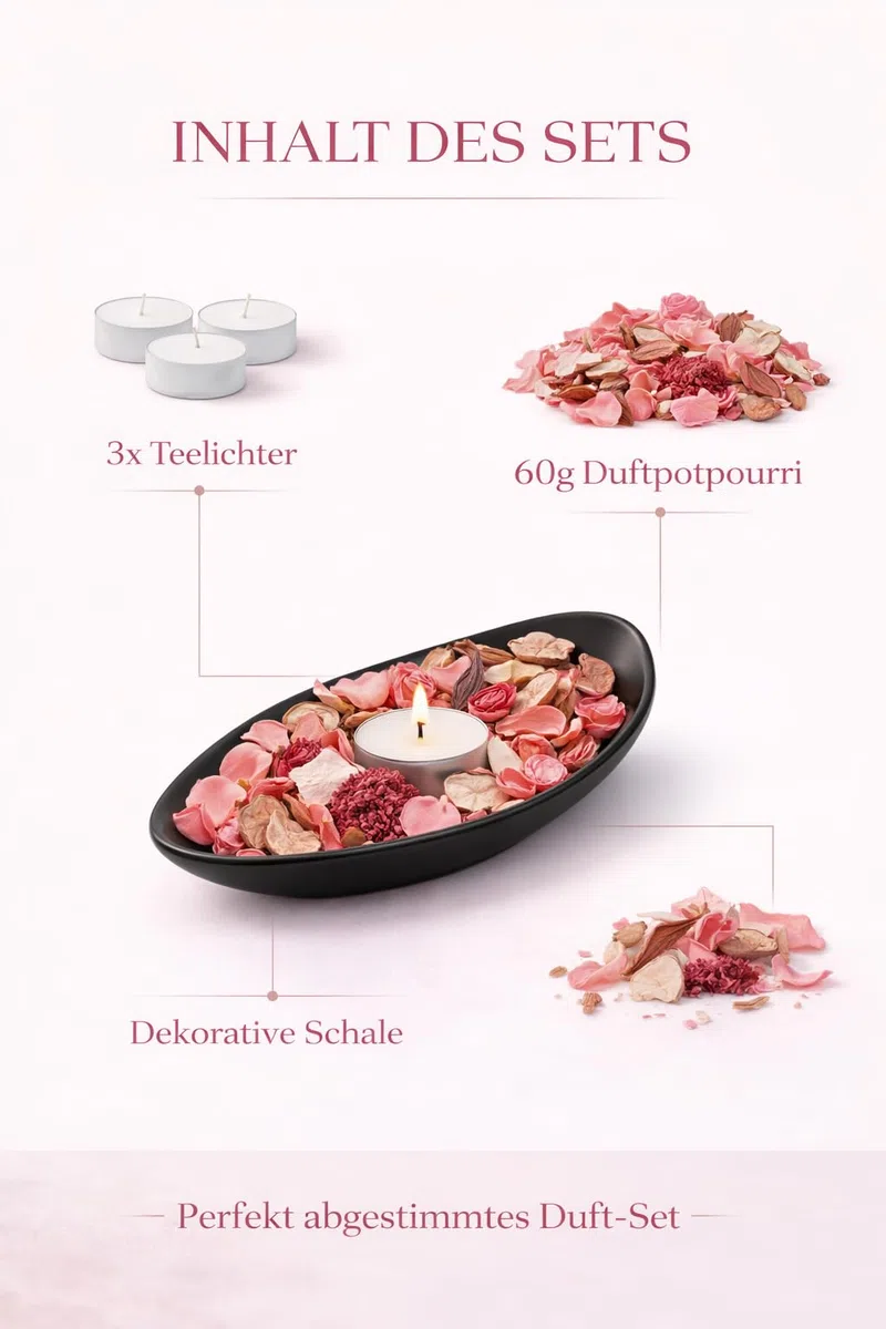 RaumWerk Premium Duft Potpourri Set Dusty Rose mit Schale & 3 Teelichtern – 60g Natur Potpourri – Elegante Dekoschale Schwarz – Floraler Raumduft für Wohnzimmer, Bad & Schlafzimmer – Geschenkidee