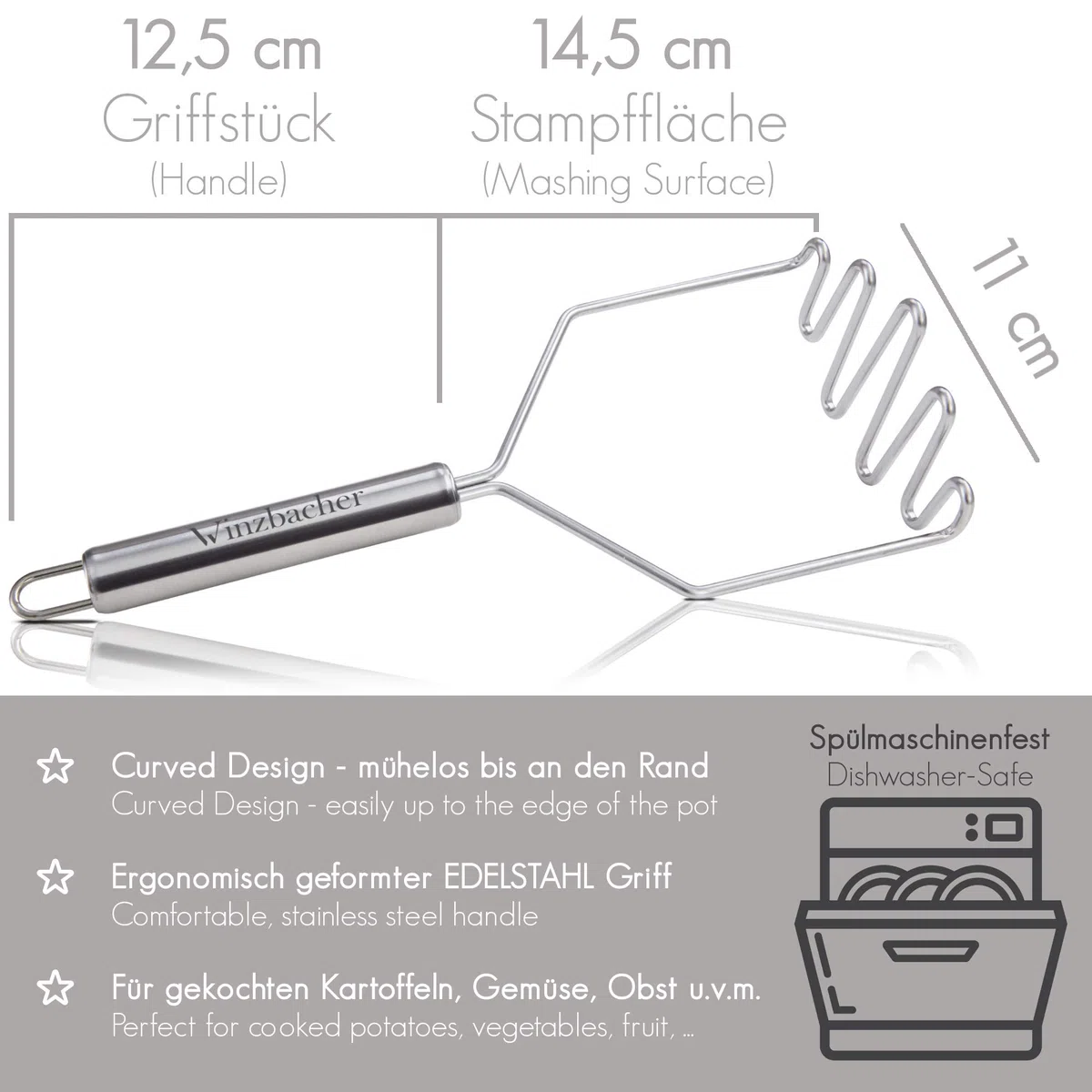 Winzbacher - Edelstahl Kartoffelstampfer [Spülmaschinenfest] ideal zum Pürieren oder Stampfen von Kartoffel, Gemüse oder Obst | Stampfer | mit praktischer Aufhängeöse