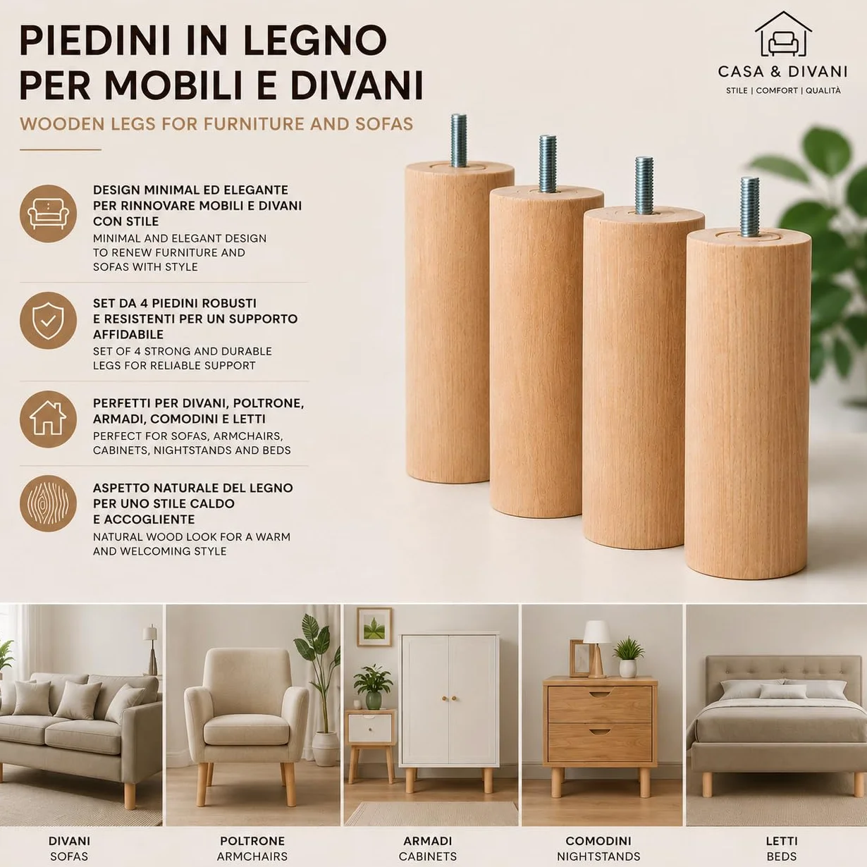 IPEA Möbelfüße aus Holz - Sofa Füße – Höhe 140 mm – [ MINIMALES UND Elegantes Design ] - Set mit 4 Rohholzfüßen für Schränke, Sessel, Wohnmöbel - Möbelbeine – Möbelfuß M10 Schraube - 4er Pack