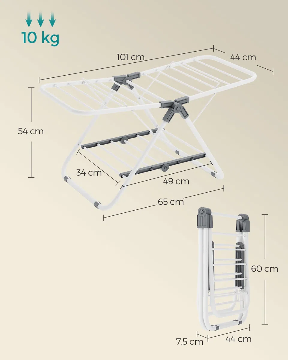 SONGMICS Wäscheständer klein, Faltbare Standtrockner mit 2 Flügeln, platzsparend, Metall, für kleine Kleidungsstücke, Handtücher, Badezimmer, Balkon, 44 x 101 x 54 cm, wolkenweiß LLR504W01
