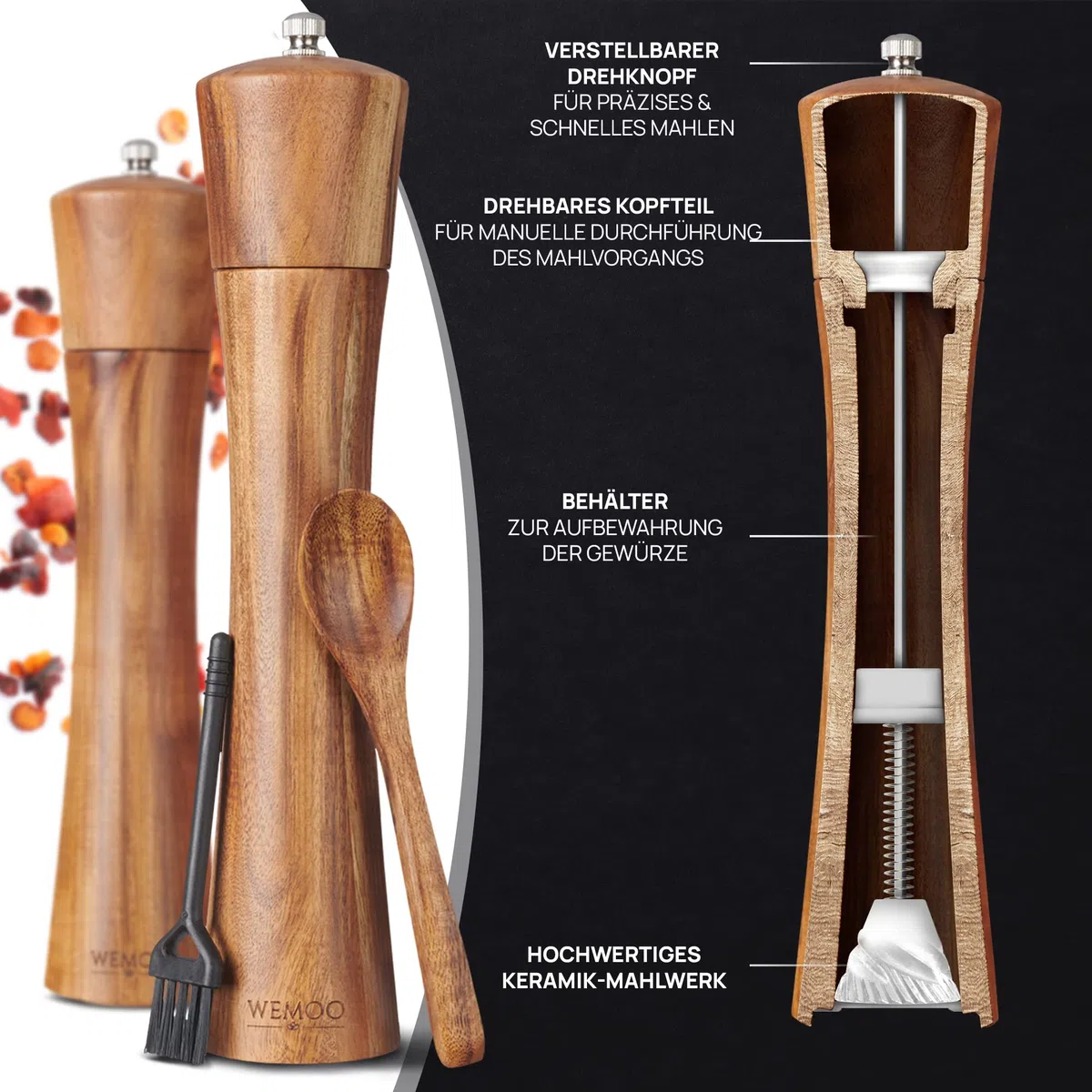 Salz und Pfeffermühle aus Holz sehr Gross (25,5 cm) | Gewürzmühlen mit robustem Keramikmahlwerk | Extra Befüllungslöffel und Reinigungspinsel | Set mit Pfeffer und Salzmühle