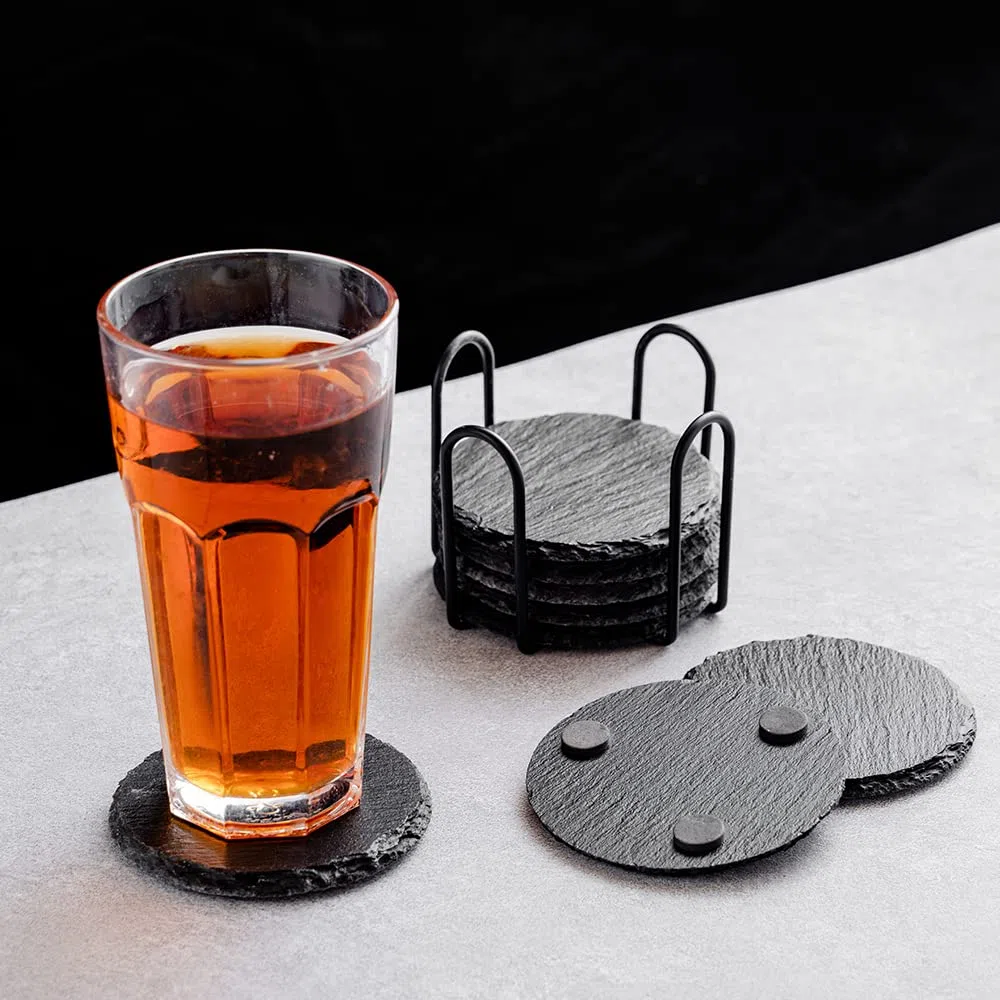 WLWNWFT Schiefer Untersetzer für Gläser 8er Set, Glasuntersetzer Schiefer rund mit Halter 10x10 cm, Bierdeckel Getränkeuntersetzer inkl. Kreidestift, für Getränke, Tassen, Bar, Glas