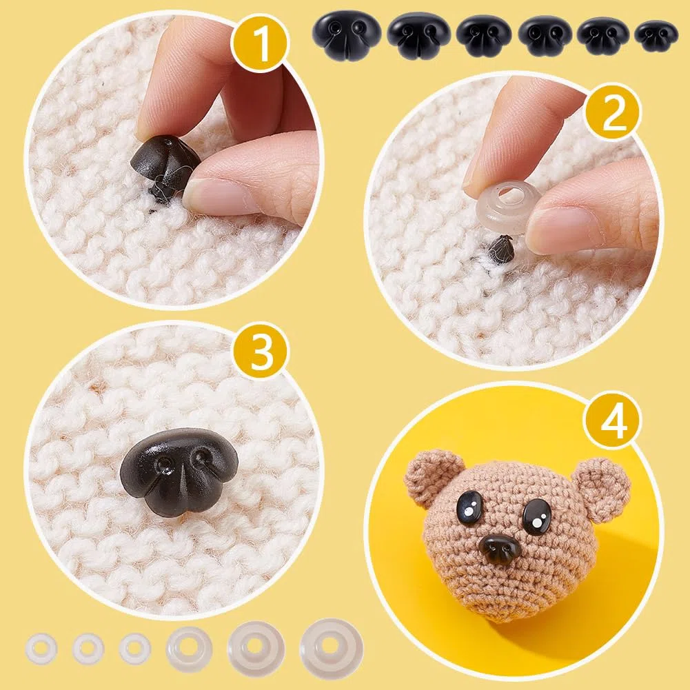 AHANDMAKER 70 Stück Sicherheitsnasen In 6 Stilen Schwarze Bastelnase Mit Abstandshalter 9mm 11.5mm 13mm 15mm 15.5mm 18.5mm Für Amigurumi Häkelbären Puppen Stofftiere