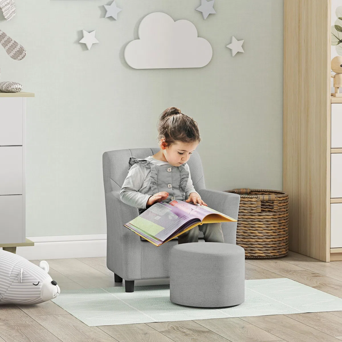 AIYAPLAY Kindersessel Kindersofa mit Fußhocker Kindercouch 1,5-3 Jahre Kindermöbel Kinderzimmer Leinentoptik Eukalyptusholz Grau 45 x 43 x 50,5 cm