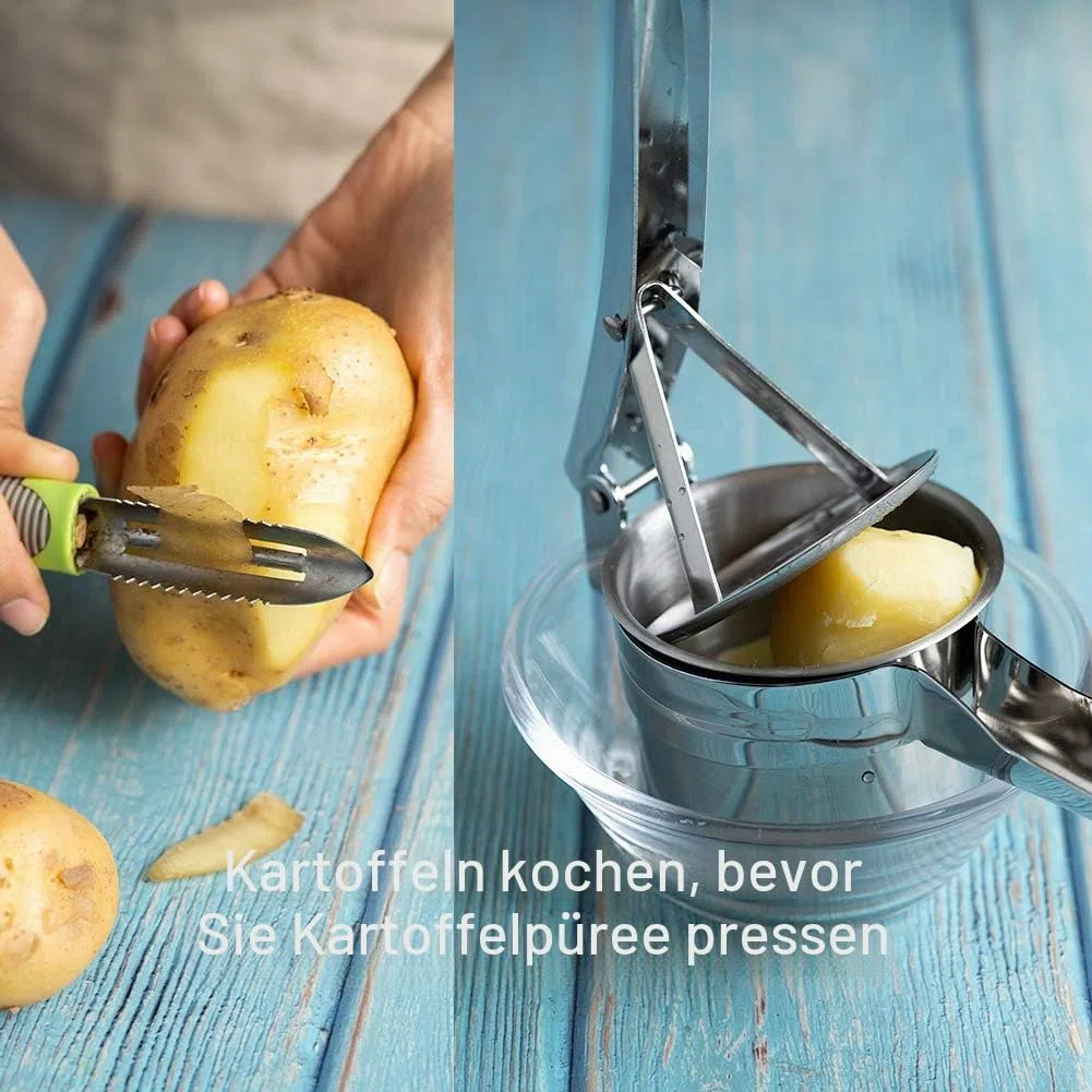 Kartoffelpresse aus Edelstahl, Spätzlepresse Kartoffelstampfer Set für Kartoffelpüree, Obstsäfte, Gemüsebrei, mit 3 Lochscheiben (Fein/Mittel/Grob), Spülmaschinenfest, Länge 27cm