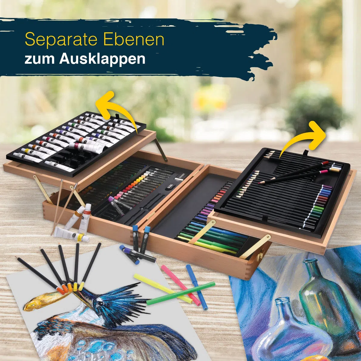 Artina 127tlg Malset Bologna XXL Künstler Set mit FSC Holz Malkoffer – Acrylfarben, Aquarellfarben, Buntstifte, Pastellstifte, Fineliner, Bleistifte - Großes Zeichenset mit Aufbewahrung für Anfänger