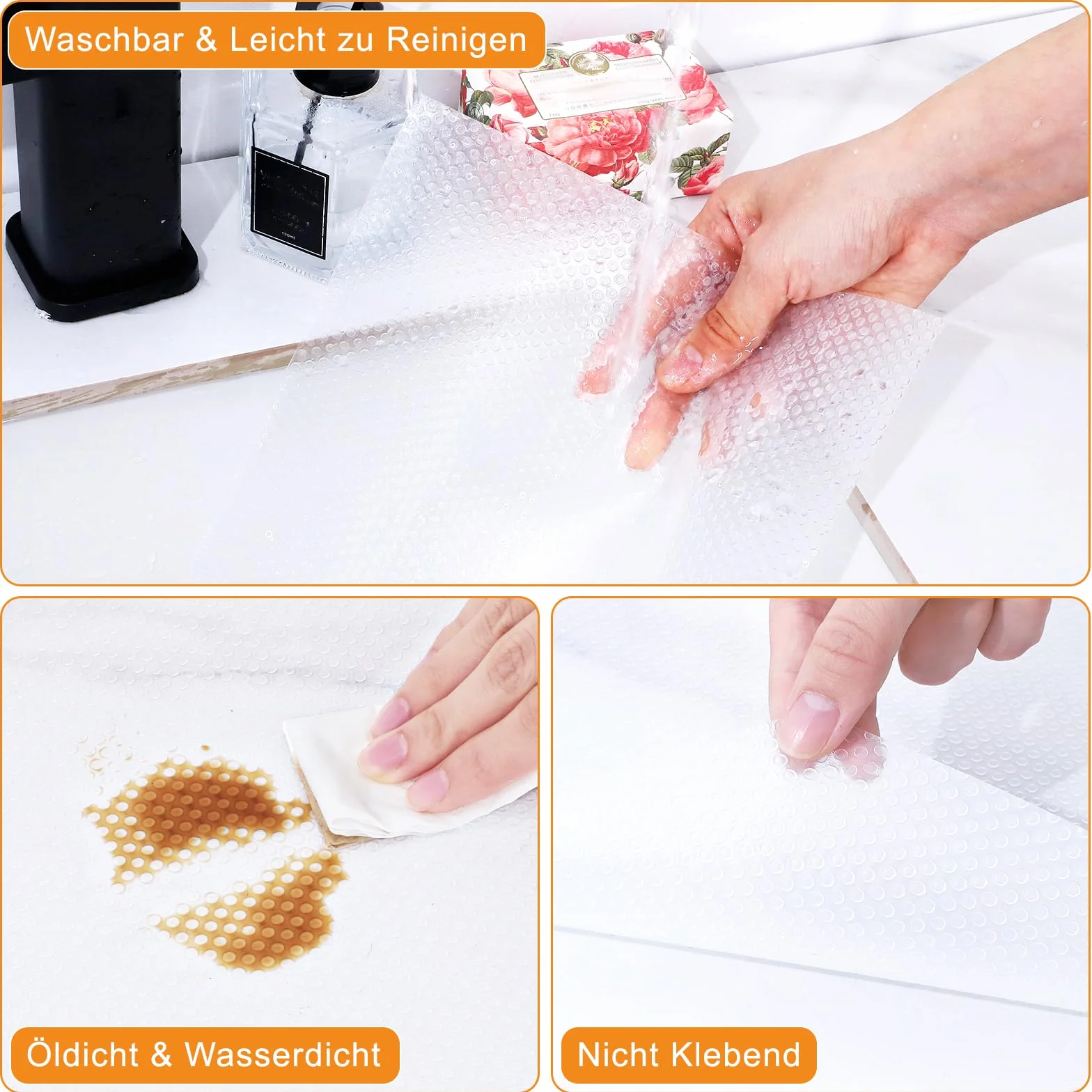 Dntorx Schubladenmatte Nicht Klebend 50x600cm, Antirutschmatte Schubladen mit 70 Stück Doppelseitige Klebepunkte EVA Wasserdichte Schrankpapier für Regale Küche Schubladen Kühlschrank (Transparent)
