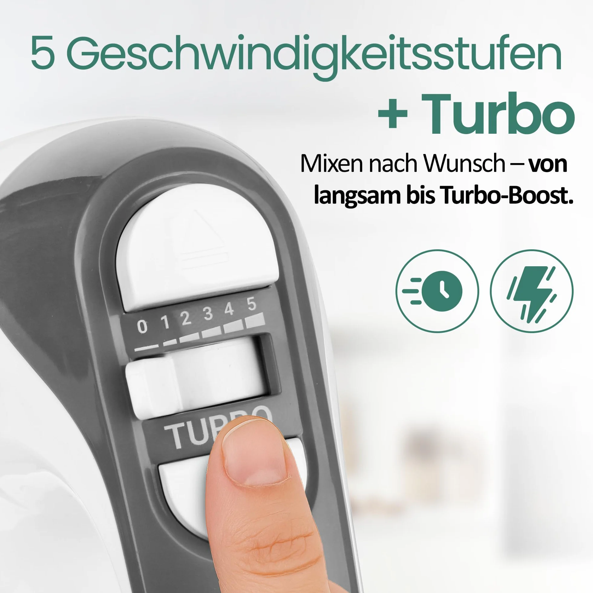 EMERIO elektrischer Handmixer Handrührer Mixer Handrührgerät mit 400 Watt 5 Geschwindigkeiten & Turbotaste extra lange Schneebesen + Knethaken aus Edelstahl (geschirrspülgeeignet) BPA-frei HM-130365