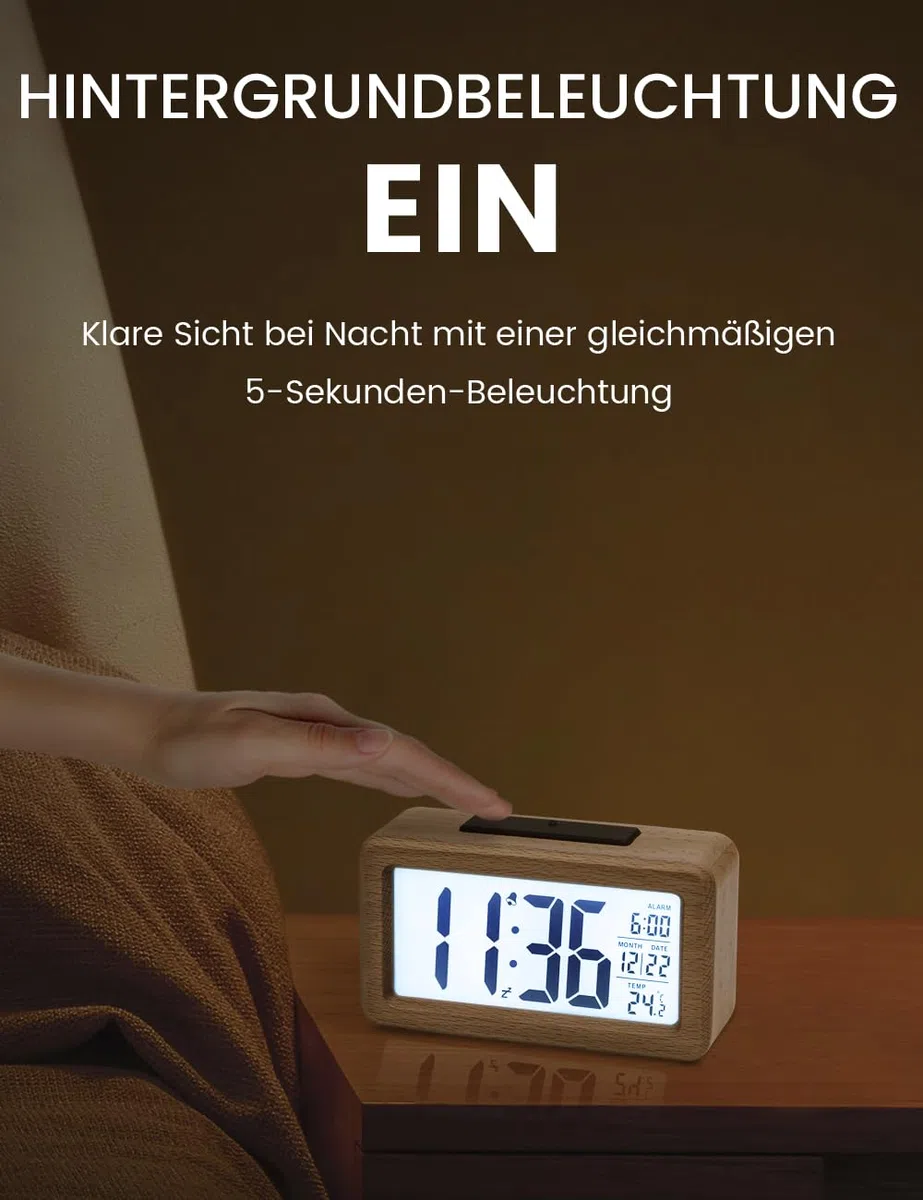 aboveClock Wecker Digital, Holz mit Sensore Moduls, Tischuhr mit Großer Anzeige, Datum, Teperatur Anzeige, Nachtlicht, Digital Uhr mit Snooze Moduls (Batterie Nicht Enthalten)