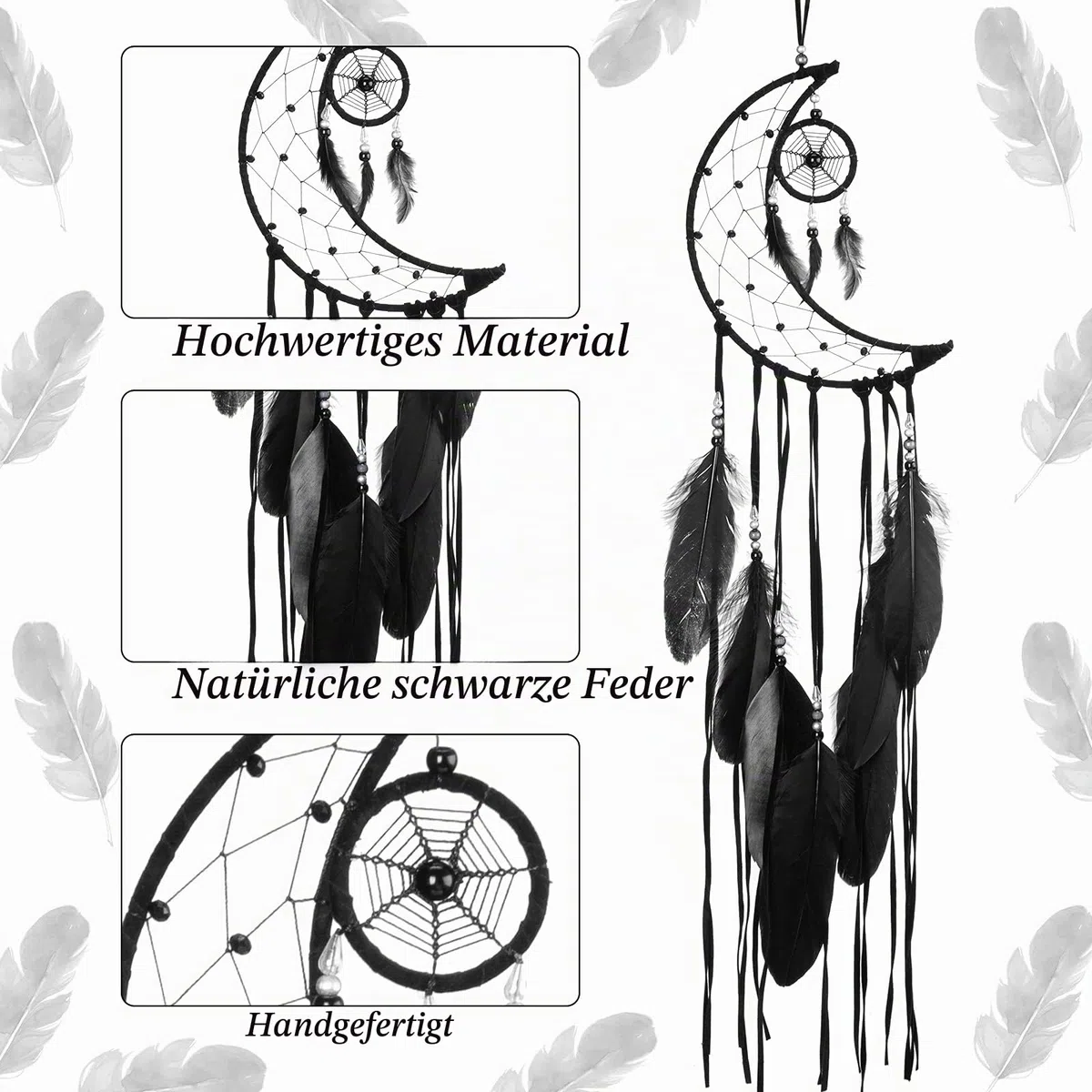 Jetec 3 Stück Traumfänger Mond Sonnen Stern Design Gross Traumfänger Handgefertigt Dream Catchers für Wand Kunst Hängend Deko für Schlafzimmer Drinnen Intdoor Outdoor(Schwarz)