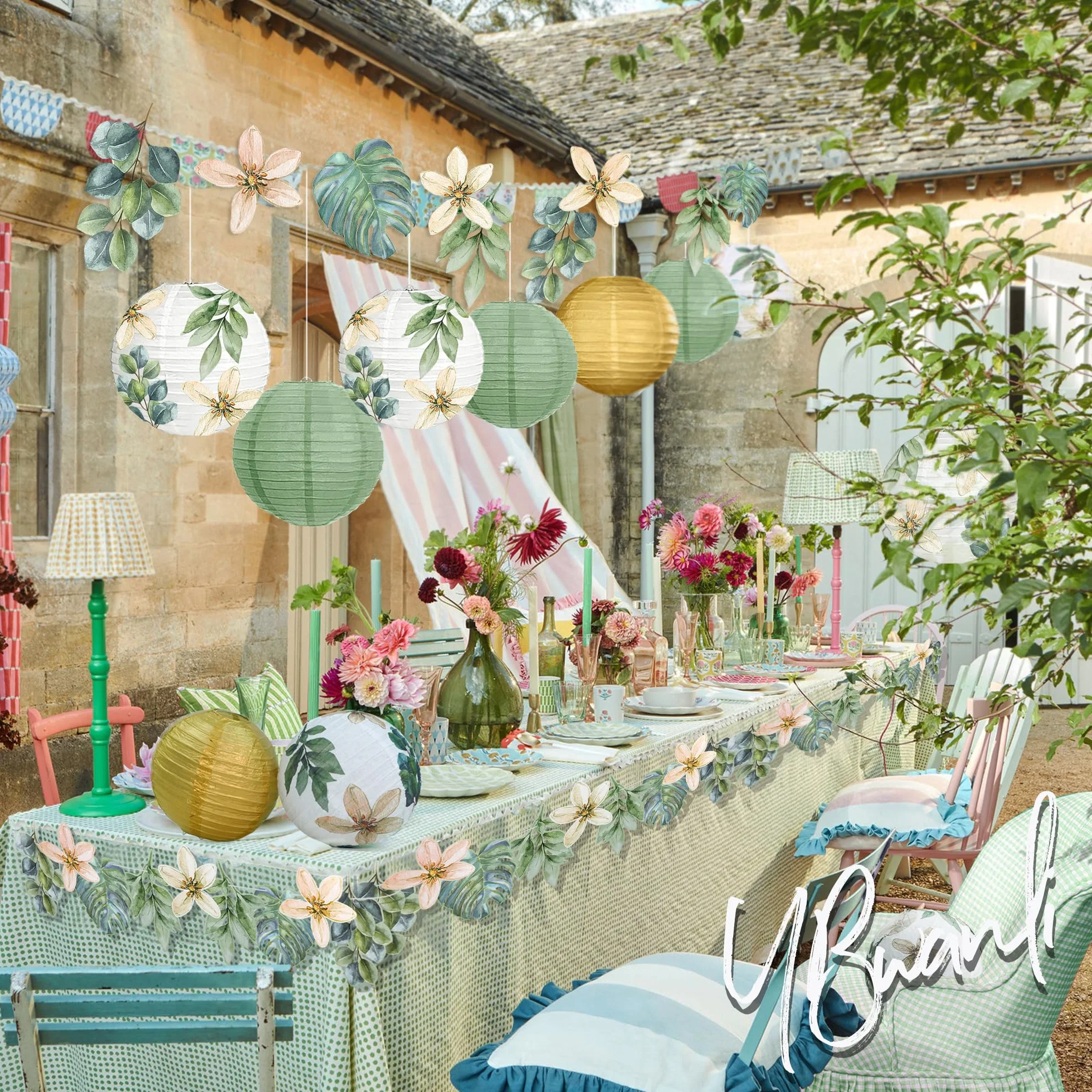 Papier Lampions party deko, 13 Stück Retro Olive Salbei Grün und Blumenlaterne Girlande,für home decoration,Taufe, Kommunion, Konfirmation, Jugendweihe deko