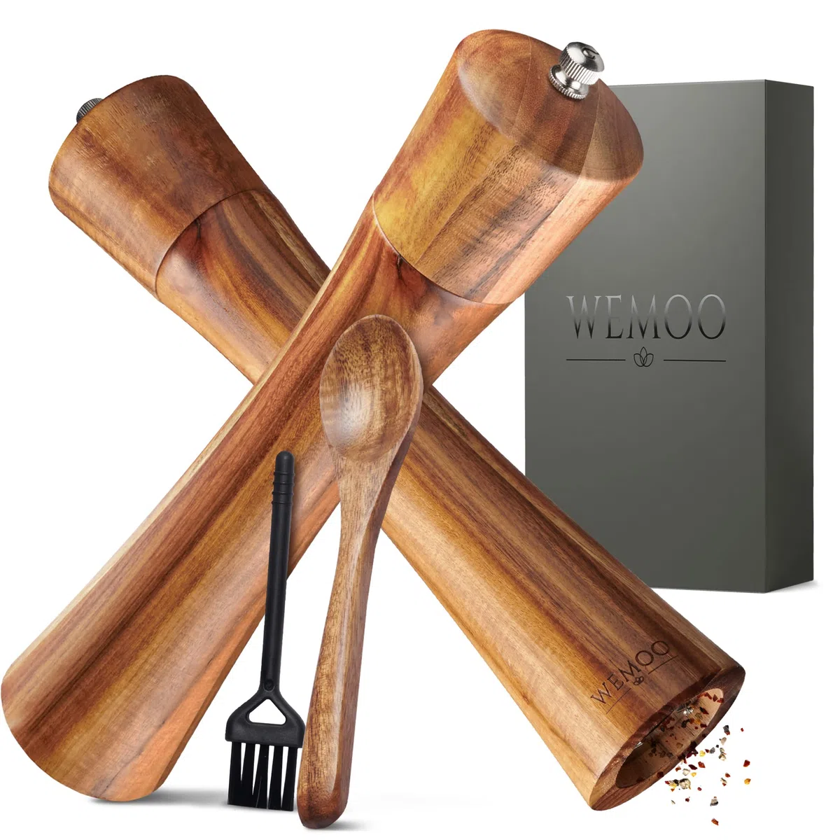 Salz und Pfeffermühle aus Holz sehr Gross (25,5 cm) | Gewürzmühlen mit robustem Keramikmahlwerk | Extra Befüllungslöffel und Reinigungspinsel | Set mit Pfeffer und Salzmühle