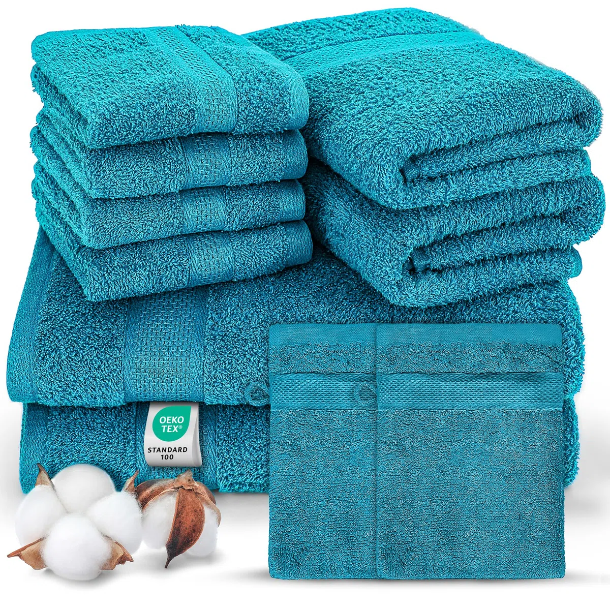 Premium 8-teiliges Handtuch Set mit Aufhängeschlaufe, 100% Baumwolle, Oeko Tex 100, 2 Badetücher-Set 2 Handtücher und 4 Waschlappen – sehr saugfähig und weiche Badezimmertücher (Türkis)