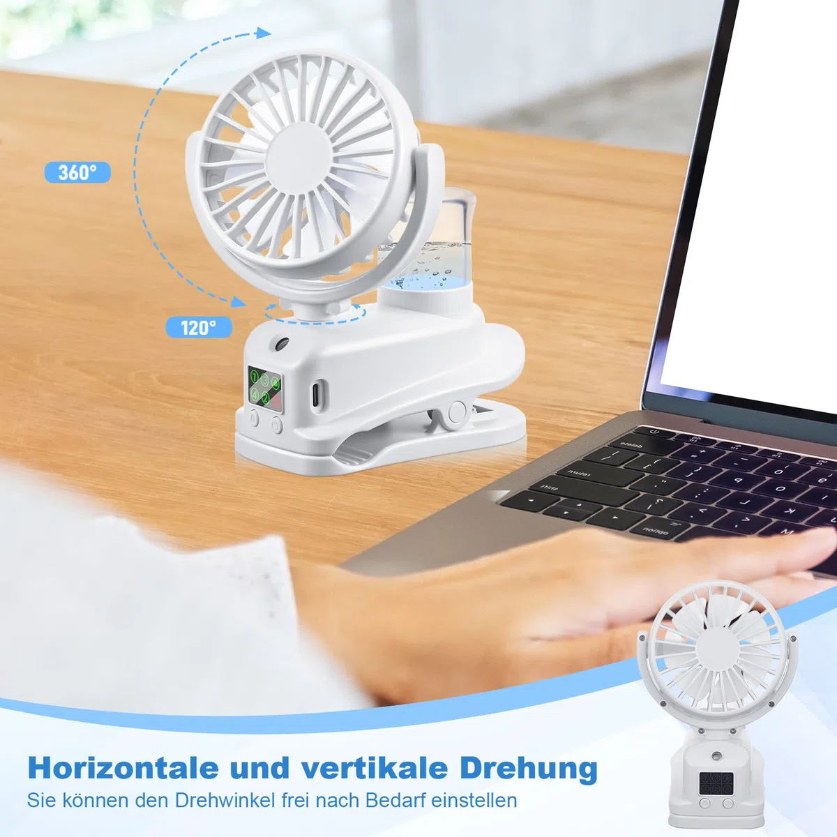 JIZZU USB Ventilator mit Wassernebel, 4 Geschwindigkeiten Wind Tischventilator mit Clip, Mini Ventilator, Verstellbare Tischventilatoren mit LED-Anzeige, Desktop Persönlichen Fans für Büro (Weiß)