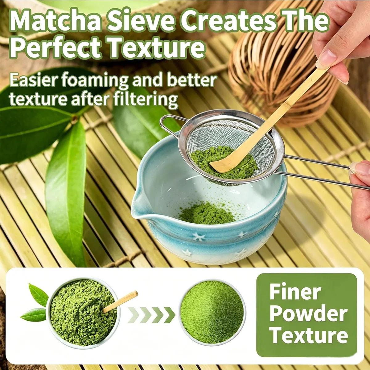 Matcha Set 8-Teiliges - Matcha Besen und Besenhalter, Matcha Schale mit Auslauf, Sieb, Löffel und Halter, Japanisches Matcha Tee Set für Matcha-Liebhaber-Blau