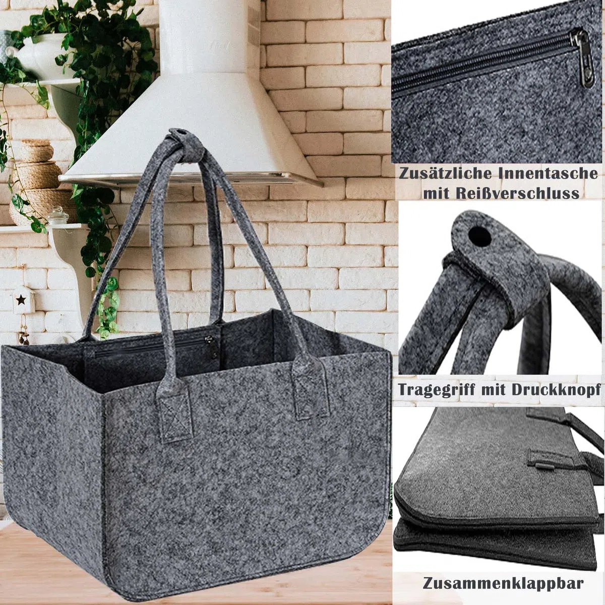 2 Stück 30L Filztaschen Shopper Groß, Einkaufstasche Faltbar Filz Einkaufskorb mit Lange Henkel, Stabiler Einkaufs Tasche mit Innentasche, Filztasche Kaminholz Filzkorb (Dunkelgrau)